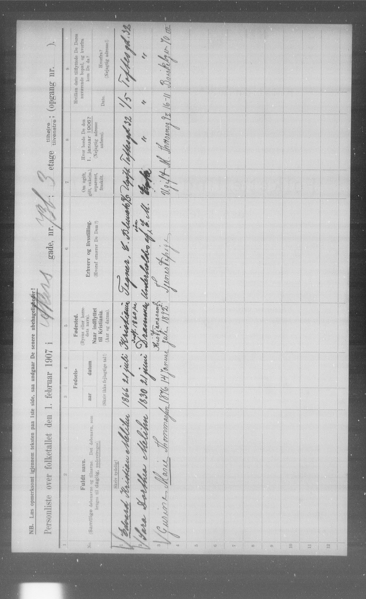 OBA, Municipal Census 1907 for Kristiania, 1907, p. 463