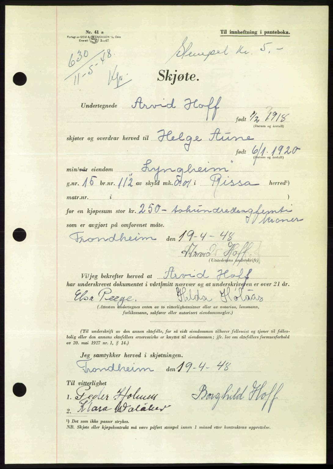 Fosen sorenskriveri, AV/SAT-A-1107/1/2/2C: Mortgage book no. A7-9, 1947-1949, Diary no: : 630/1948