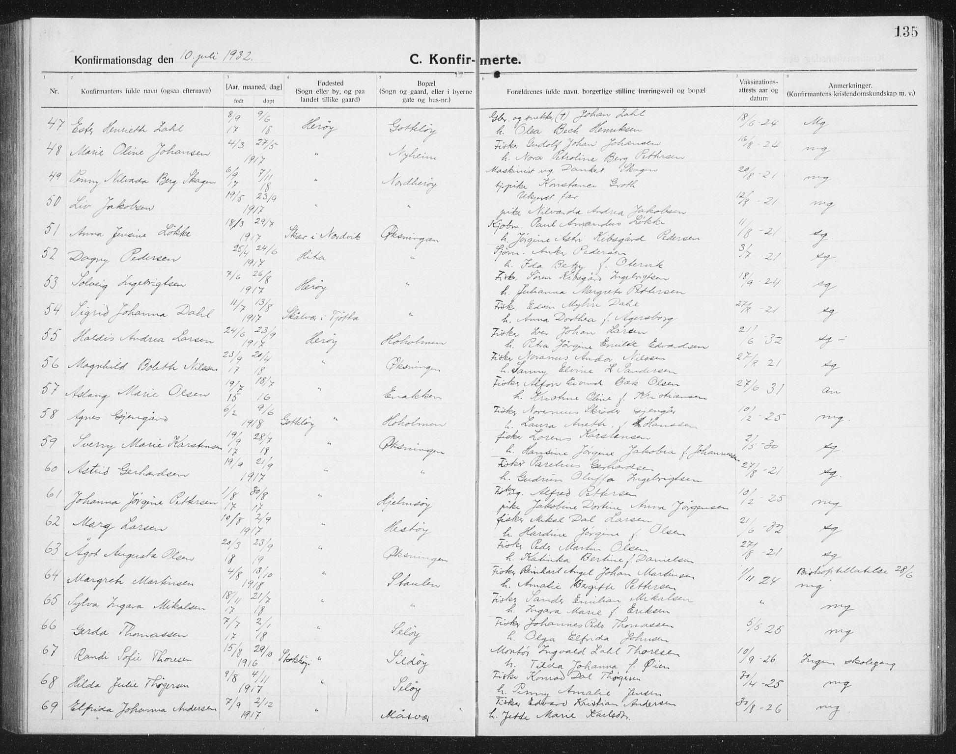 Ministerialprotokoller, klokkerbøker og fødselsregistre - Nordland, SAT/A-1459/834/L0517: Parish register (copy) no. 834C07, 1919-1939, p. 135