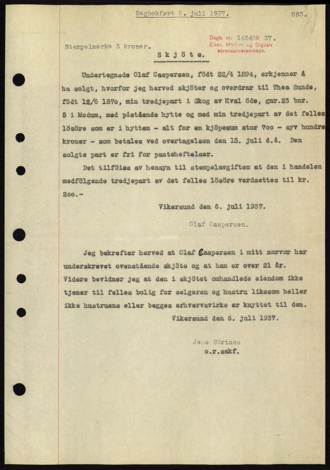 Eiker, Modum og Sigdal sorenskriveri, SAKO/A-123/G/Ga/Gab/L0035: Mortgage book no. A5, 1937-1937, Diary no: : 1454/1937