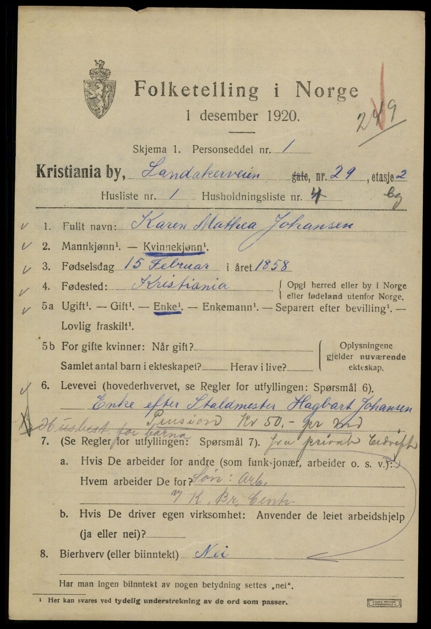 SAO, 1920 census for Kristiania, 1920, p. 478525