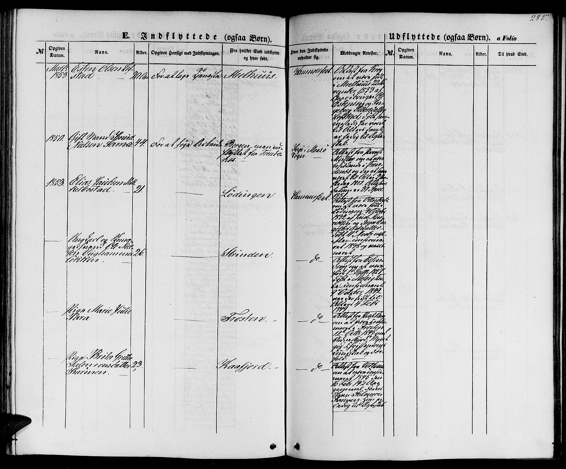 Hammerfest sokneprestkontor, SATØ/S-1347/H/Hb/L0002.klokk: Parish register (copy) no. 2, 1851-1861, p. 285