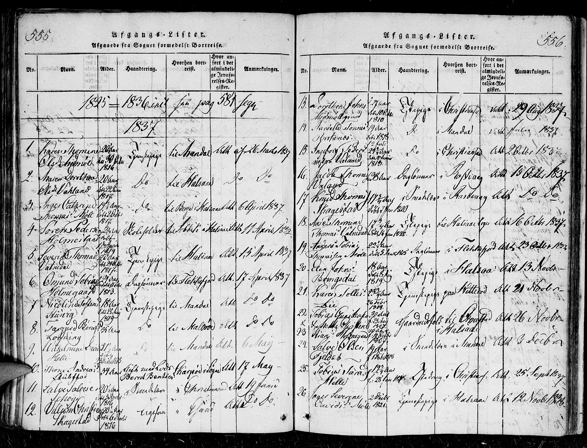 Holum sokneprestkontor, SAK/1111-0022/F/Fa/Faa/L0004: Parish register (official) no. A 4, 1820-1849, p. 555-556
