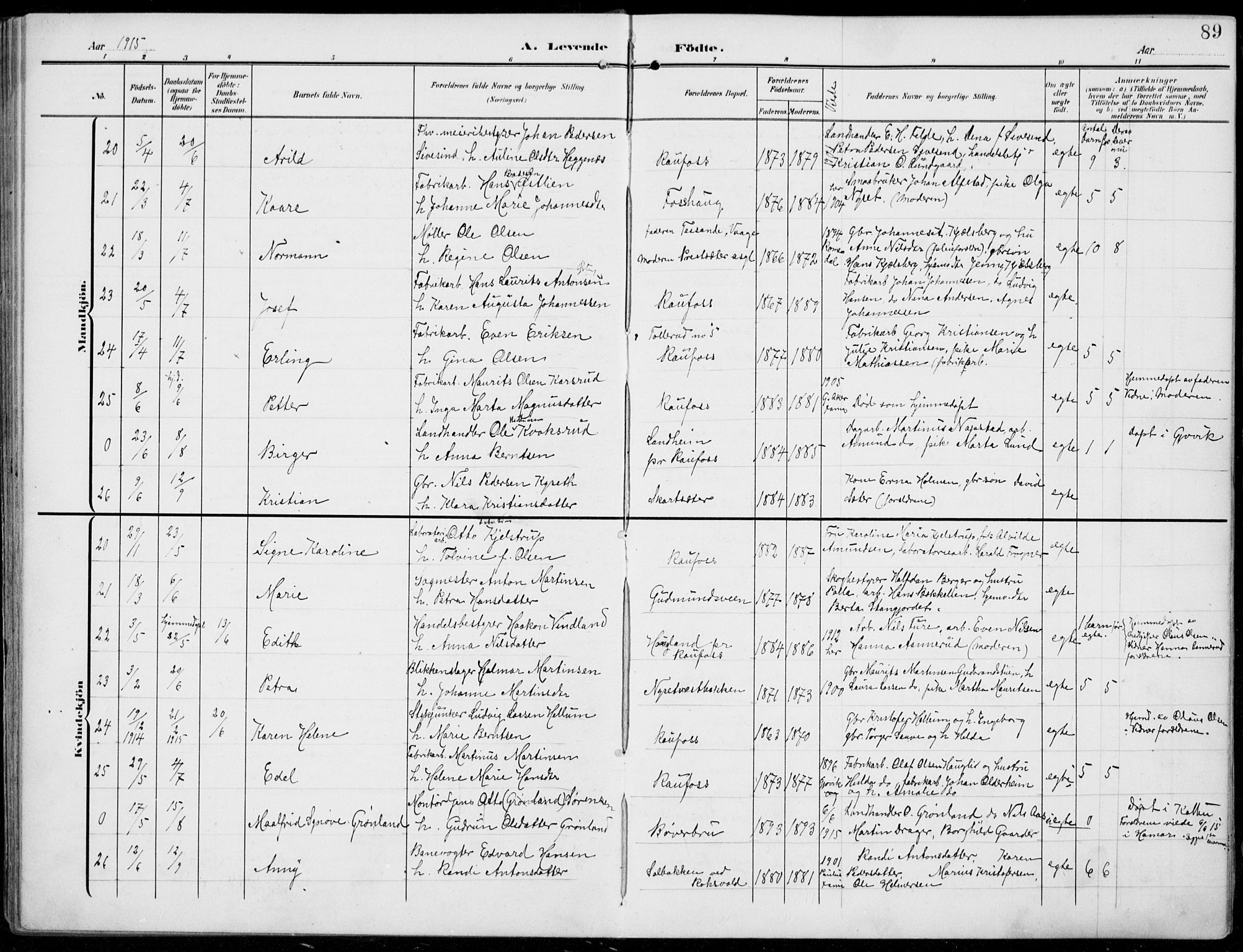 Vestre Toten prestekontor, AV/SAH-PREST-108/H/Ha/Haa/L0014: Parish register (official) no. 14, 1907-1920, p. 89