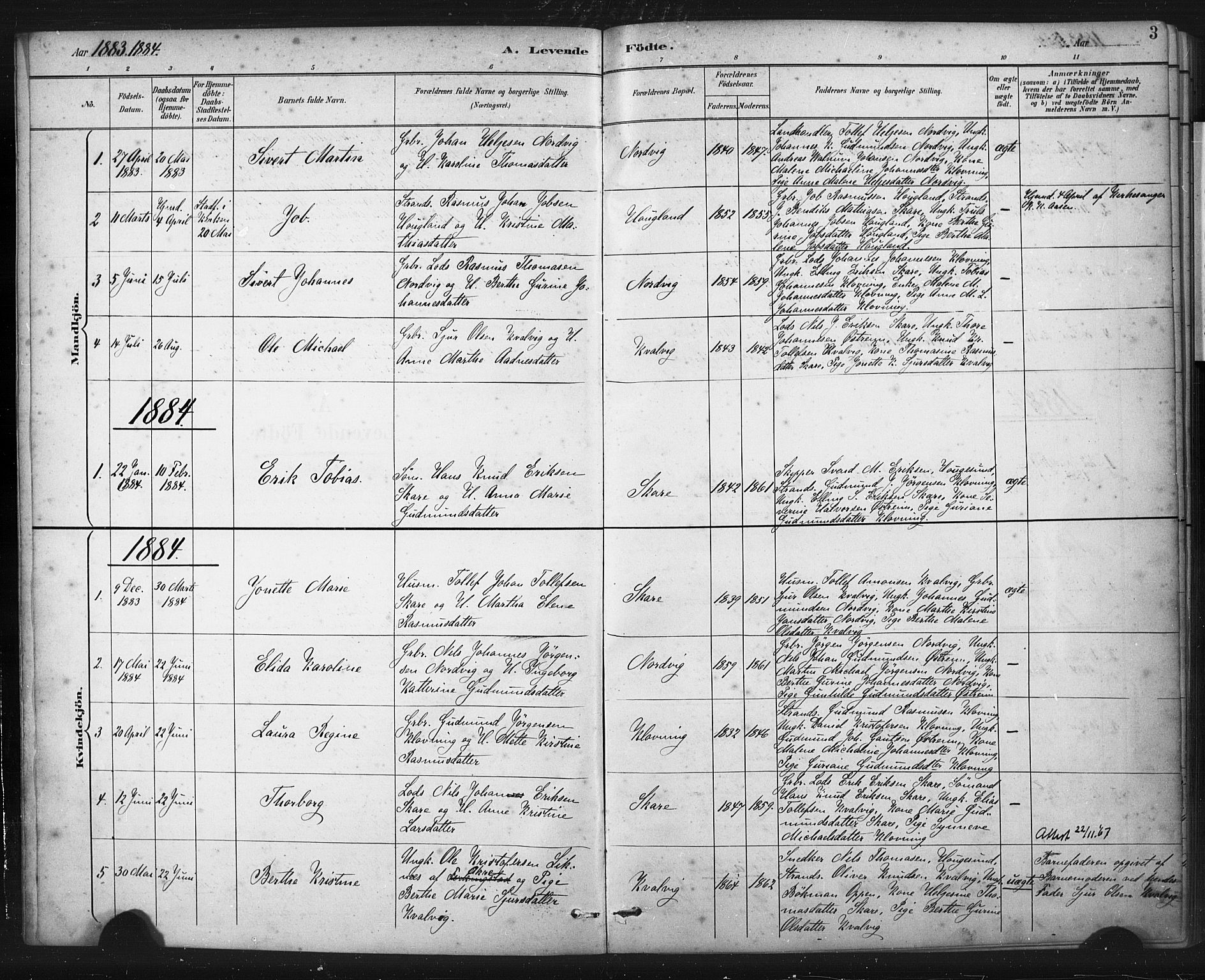 Torvastad sokneprestkontor, AV/SAST-A -101857/H/Ha/Haa/L0016: Parish register (official) no. A 15, 1883-1903, p. 3