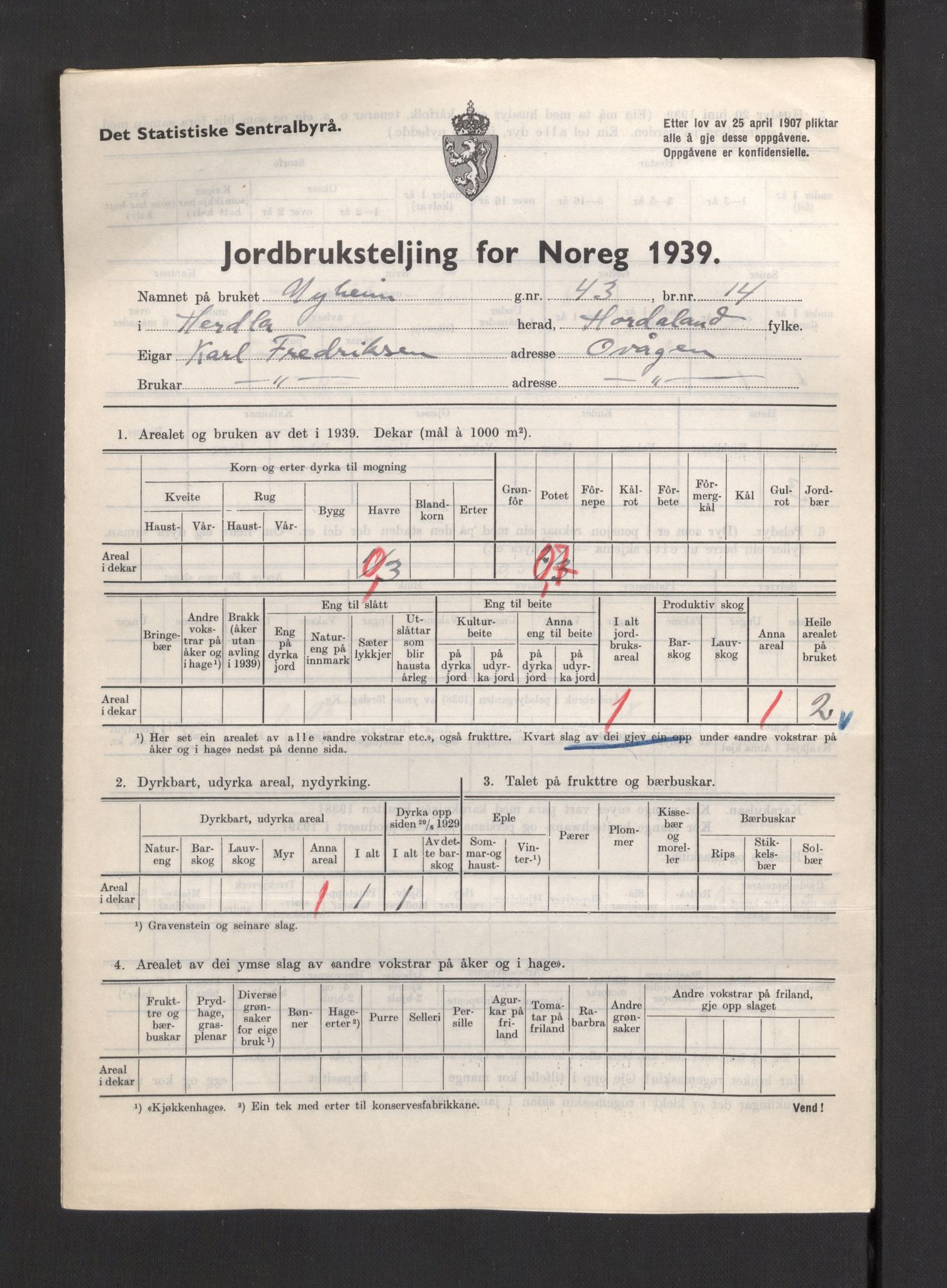 Statistisk sentralbyrå, Næringsøkonomiske emner, Jordbruk, skogbruk, jakt, fiske og fangst, AV/RA-S-2234/G/Gb/L0211: Hordaland: Herdla, Hjelme og Manger, 1939, p. 111