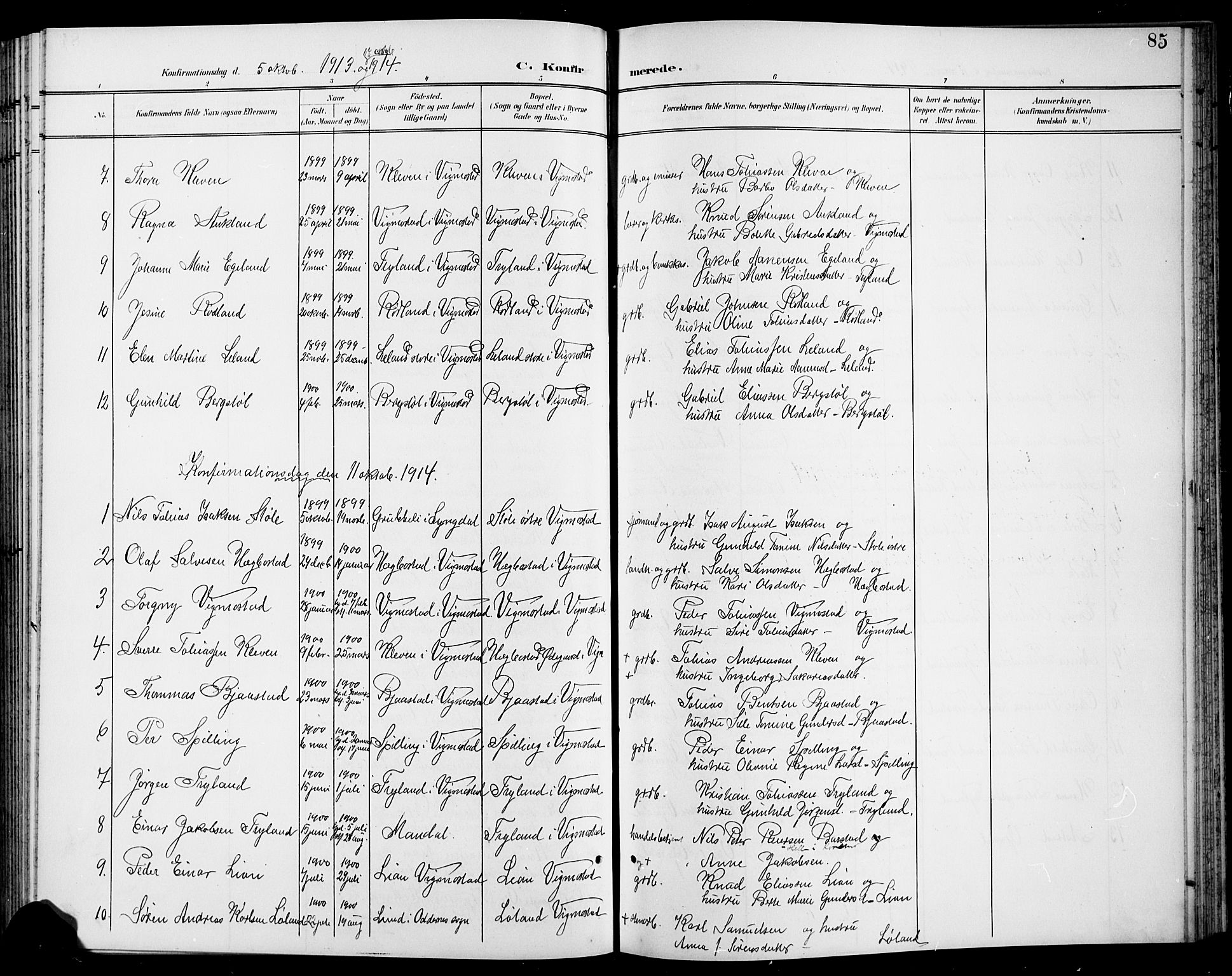 Nord-Audnedal sokneprestkontor, AV/SAK-1111-0032/F/Fb/Fbb/L0004: Parish register (copy) no. B 4, 1901-1917, p. 85