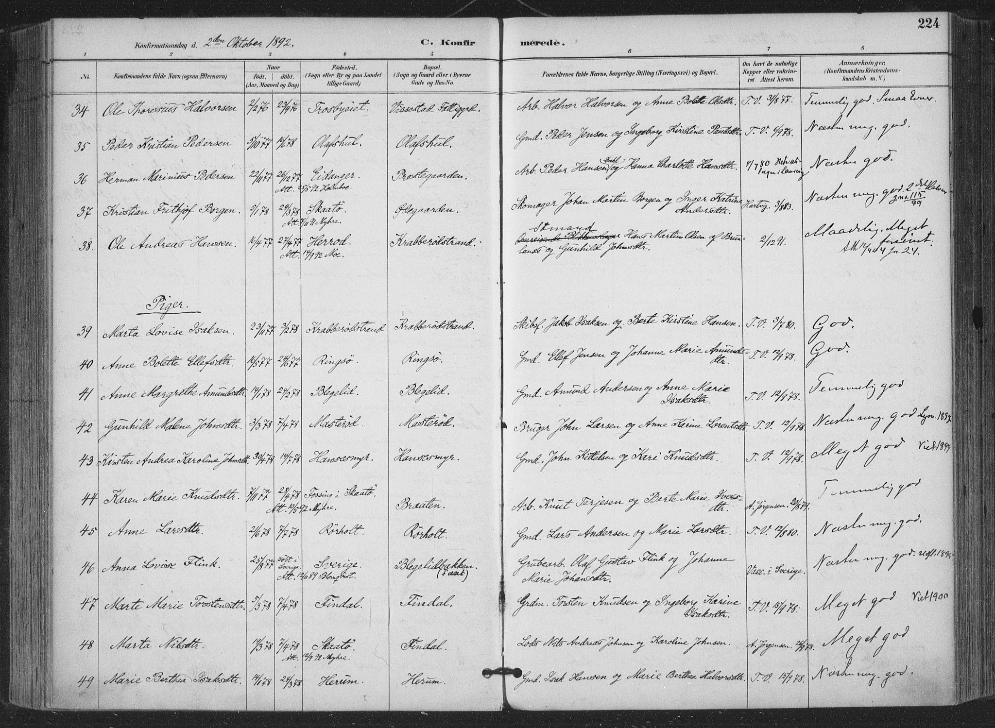 Bamble kirkebøker, AV/SAKO-A-253/F/Fa/L0008: Parish register (official) no. I 8, 1888-1900, p. 224