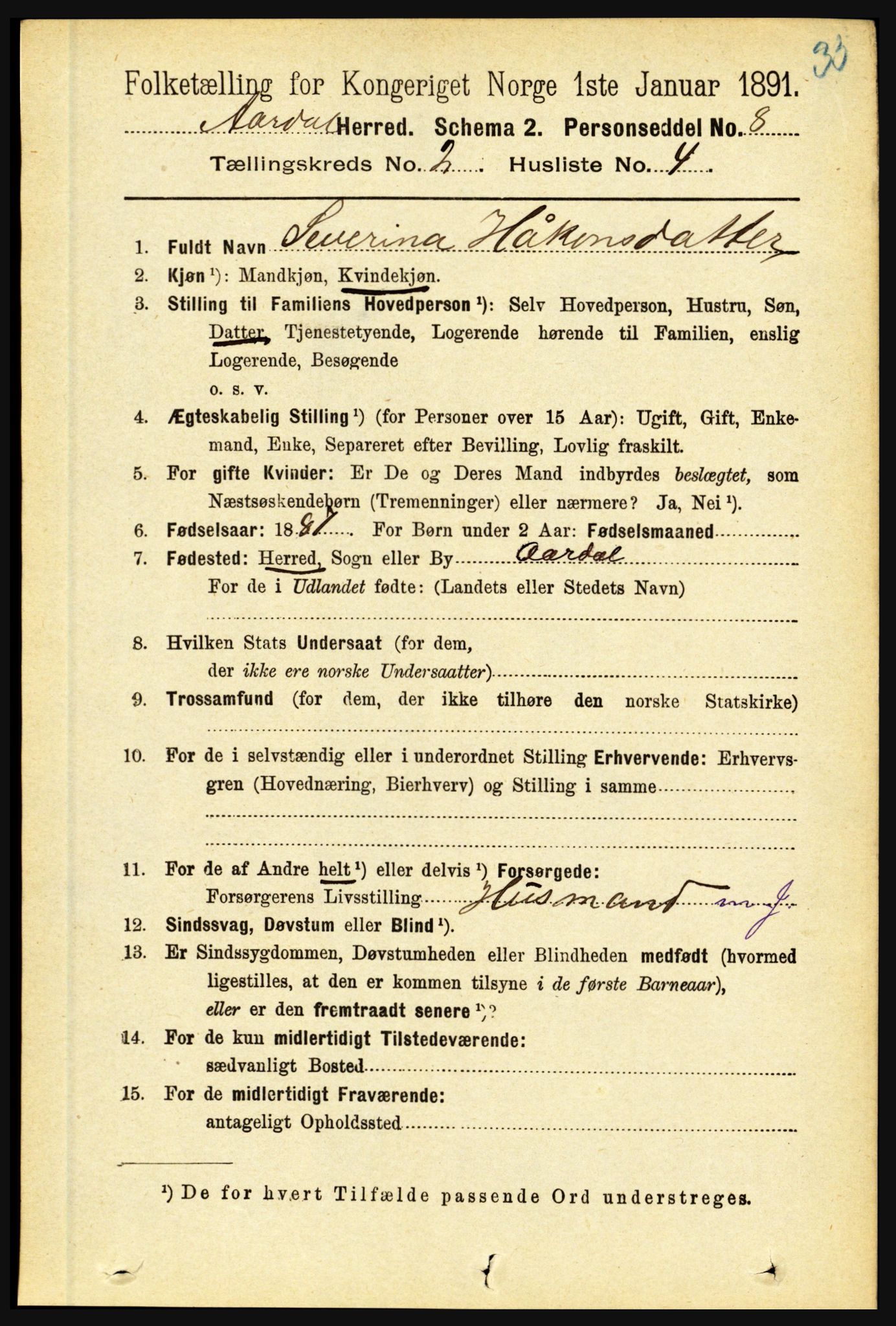 RA, 1891 census for 1424 Årdal, 1891, p. 194