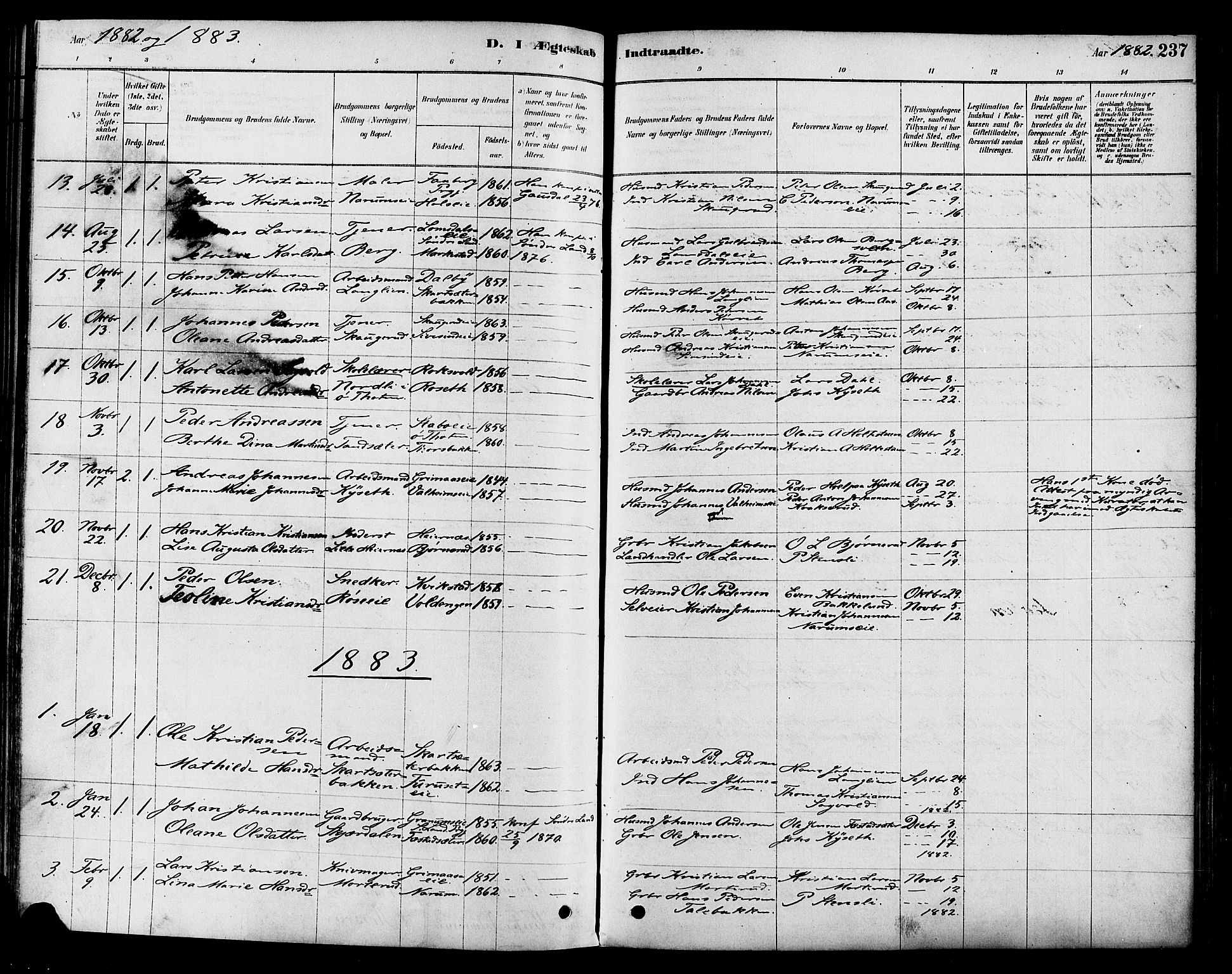 Vestre Toten prestekontor, SAH/PREST-108/H/Ha/Haa/L0009: Parish register (official) no. 9, 1878-1894, p. 237