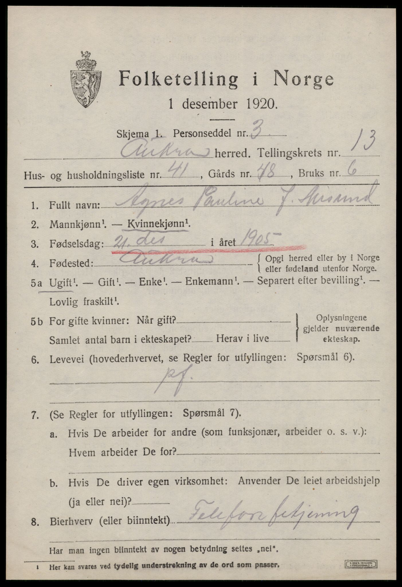 SAT, 1920 census for Aukra, 1920, p. 6153