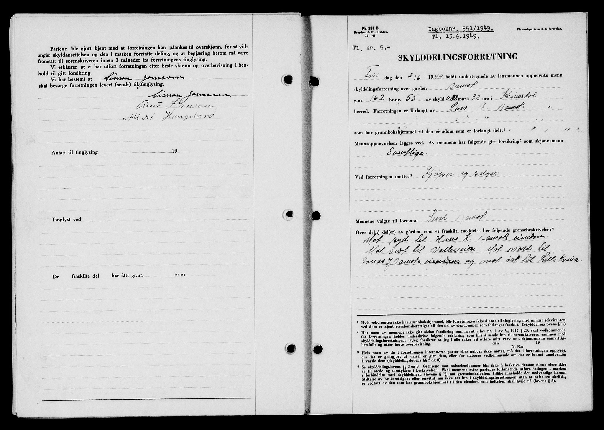 Flekkefjord sorenskriveri, SAK/1221-0001/G/Gb/Gba/L0065: Mortgage book no. A-13, 1949-1949, Diary no: : 551/1949