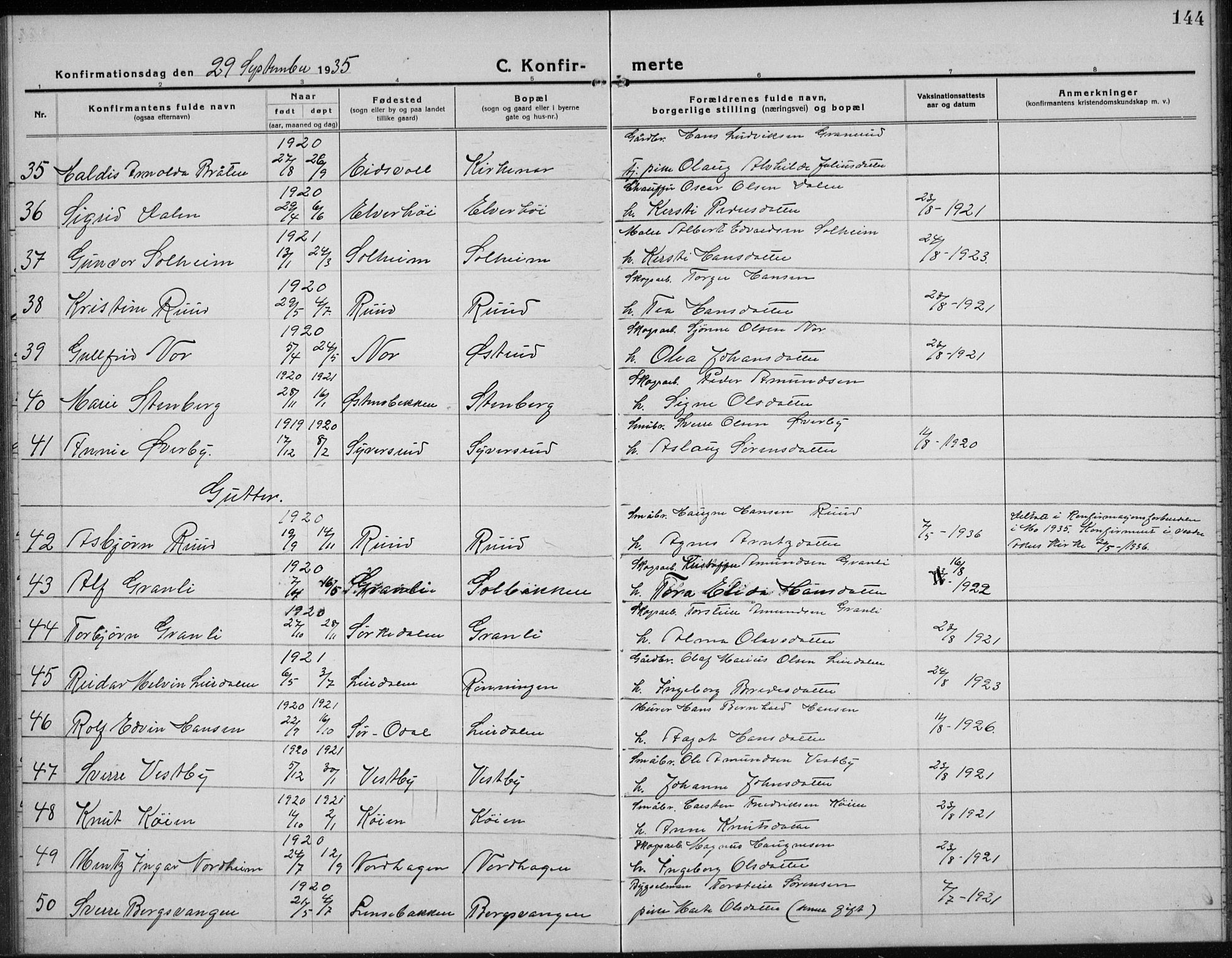 Nord-Odal prestekontor, AV/SAH-PREST-032/H/Ha/Hab/L0004: Parish register (copy) no. 4, 1921-1936, p. 144