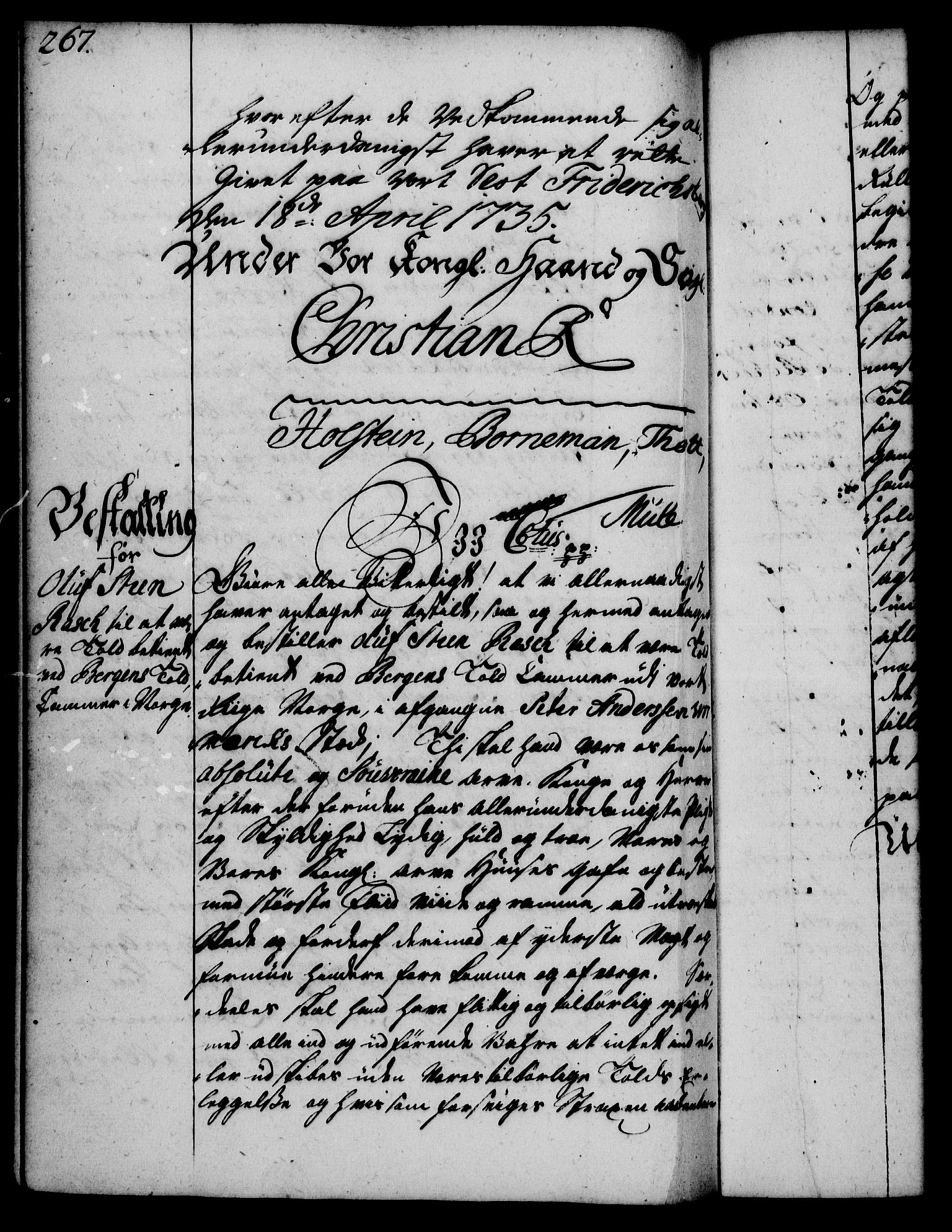 Rentekammeret, Kammerkanselliet, RA/EA-3111/G/Gg/Gge/L0002: Norsk bestallingsprotokoll med register (merket RK 53.26), 1730-1744, p. 267