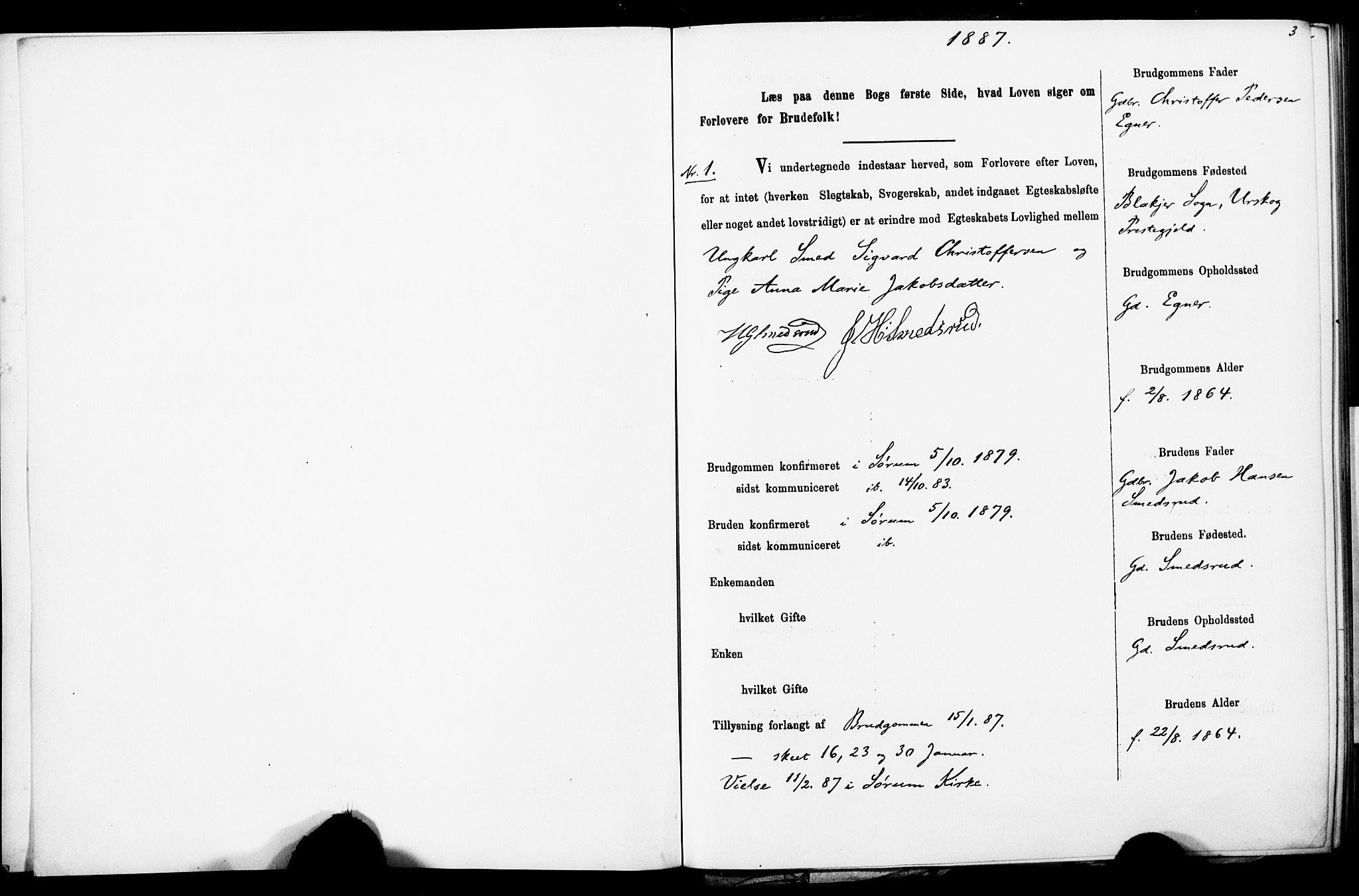 Sørum prestekontor Kirkebøker, SAO/A-10303/H/Ha/L0001: Banns register no. 1, 1887-1890, p. 2-3