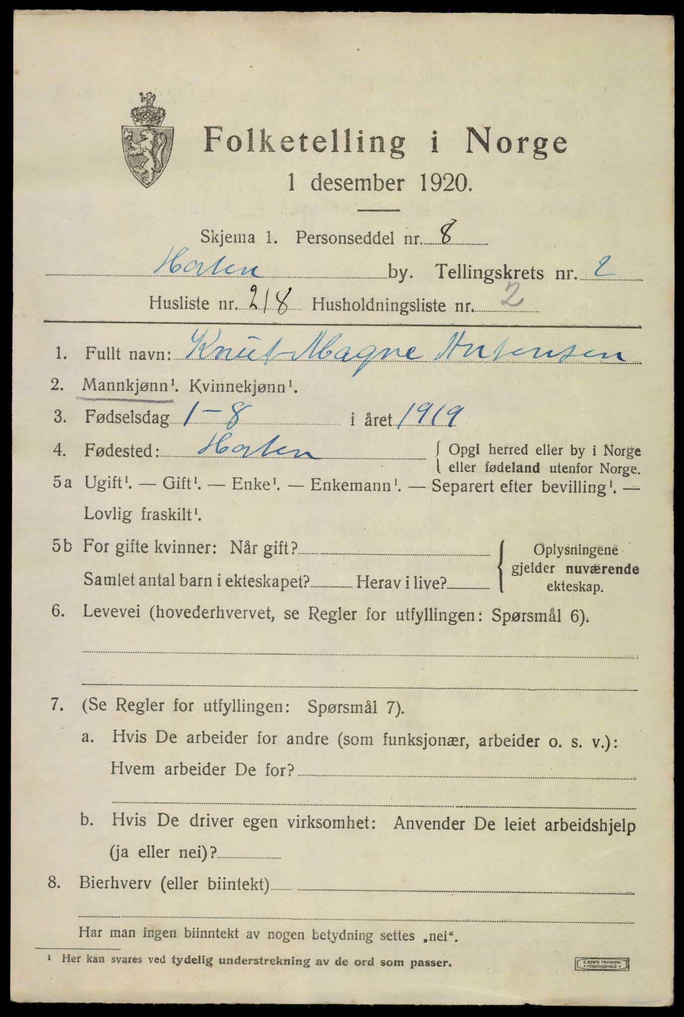 SAKO, 1920 census for Horten, 1920, p. 13445