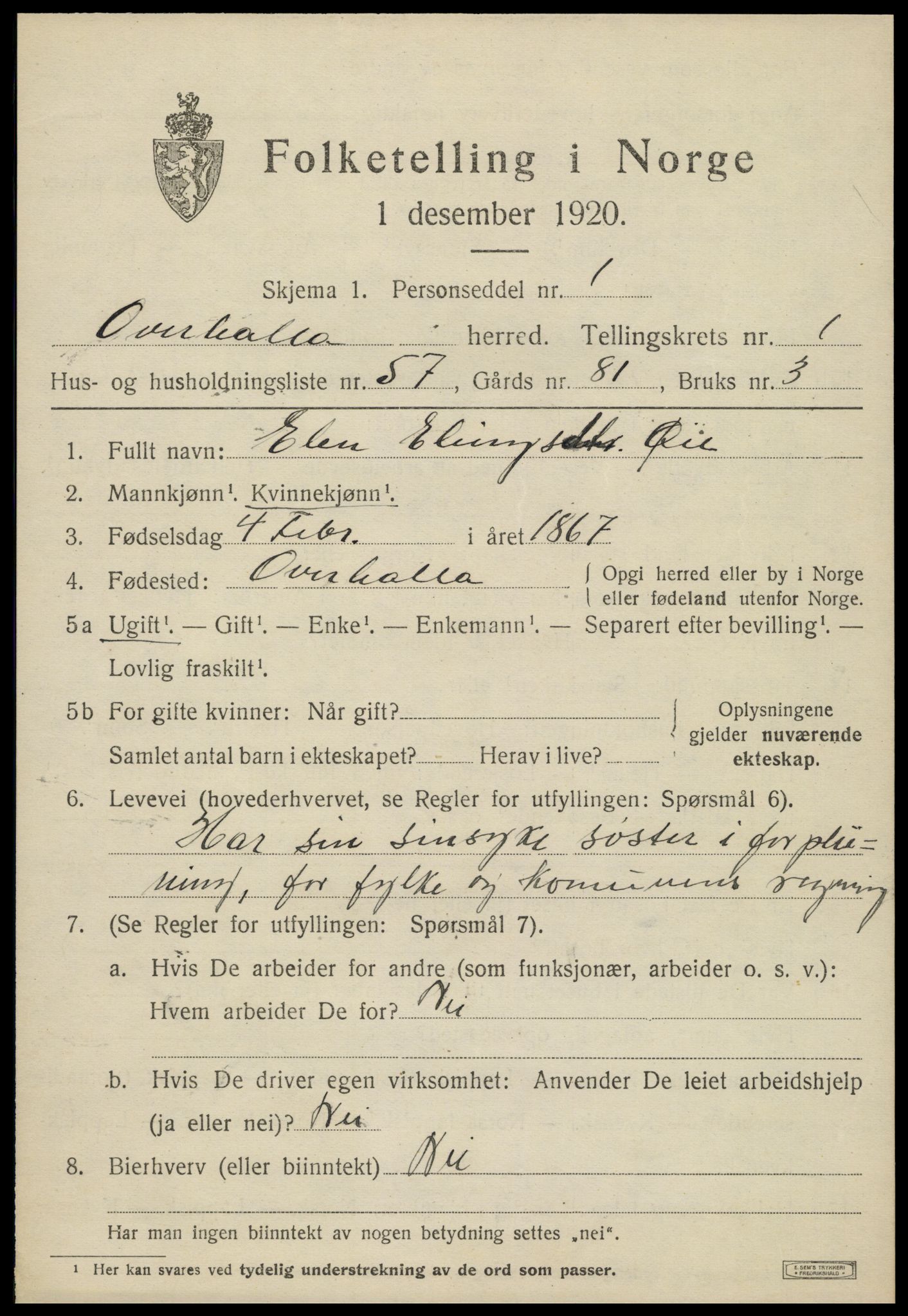 SAT, 1920 census for Overhalla, 1920, p. 1538