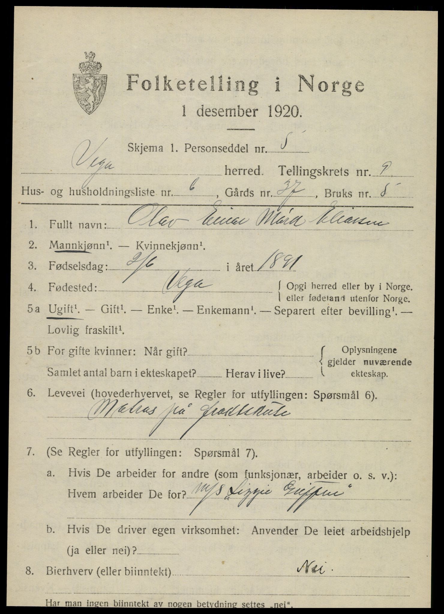 SAT, 1920 census for Vega, 1920, p. 4583