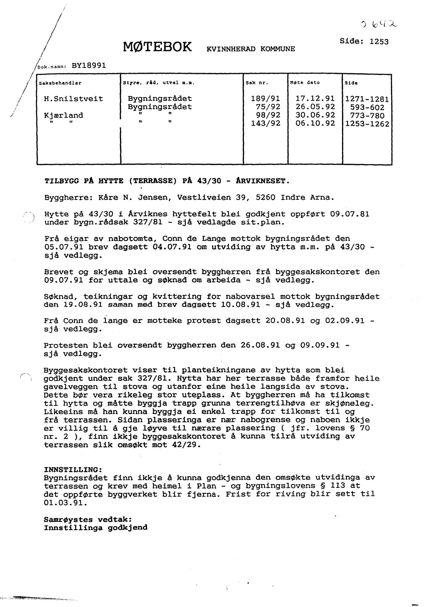 Kvinnherad kommune. Bygningsrådet , IKAH/1224-511/A/Aa/L0085: Møtebok for Kvinnherad bygningsråd, 1993