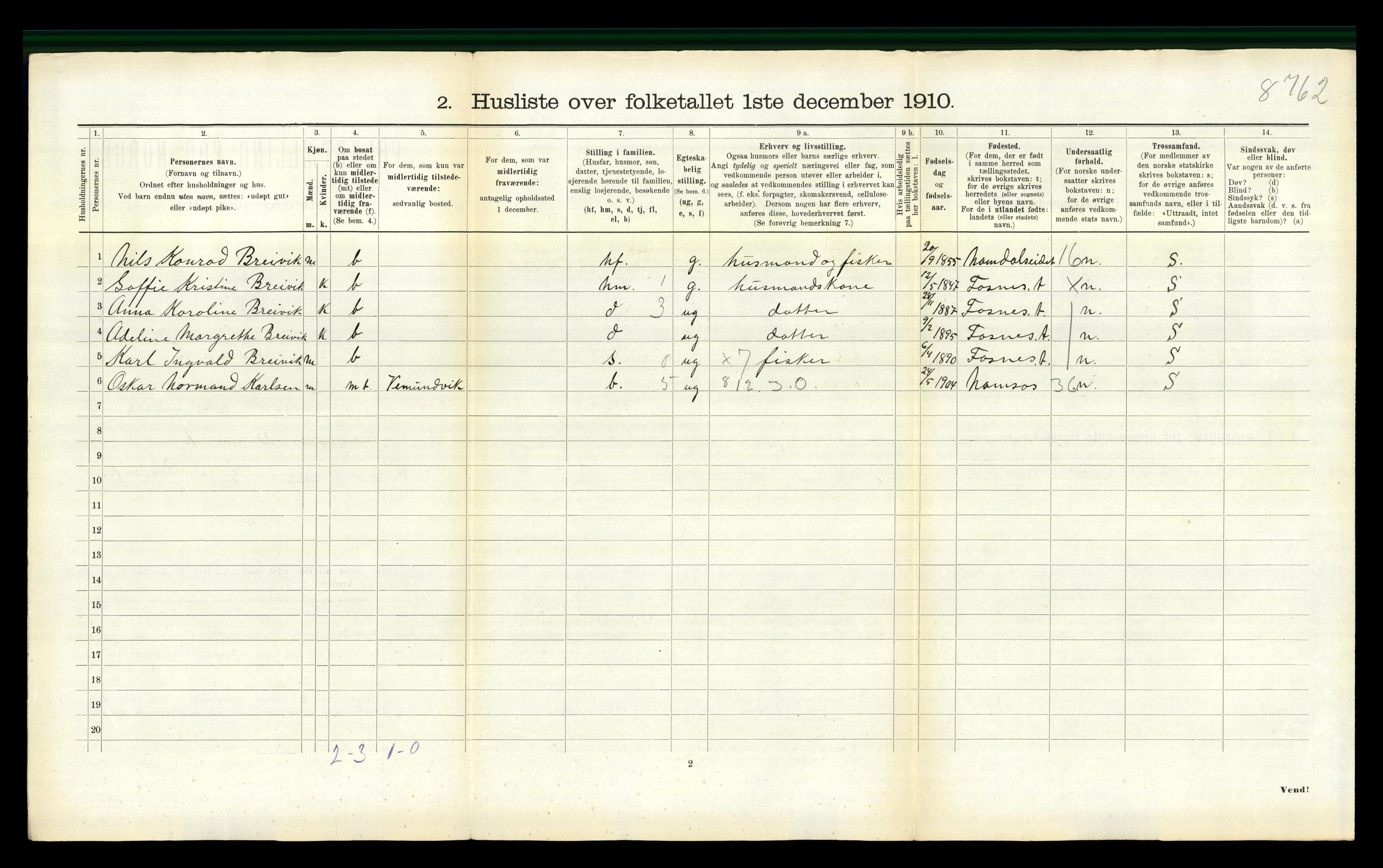 RA, 1910 census for Fosnes, 1910, p. 836