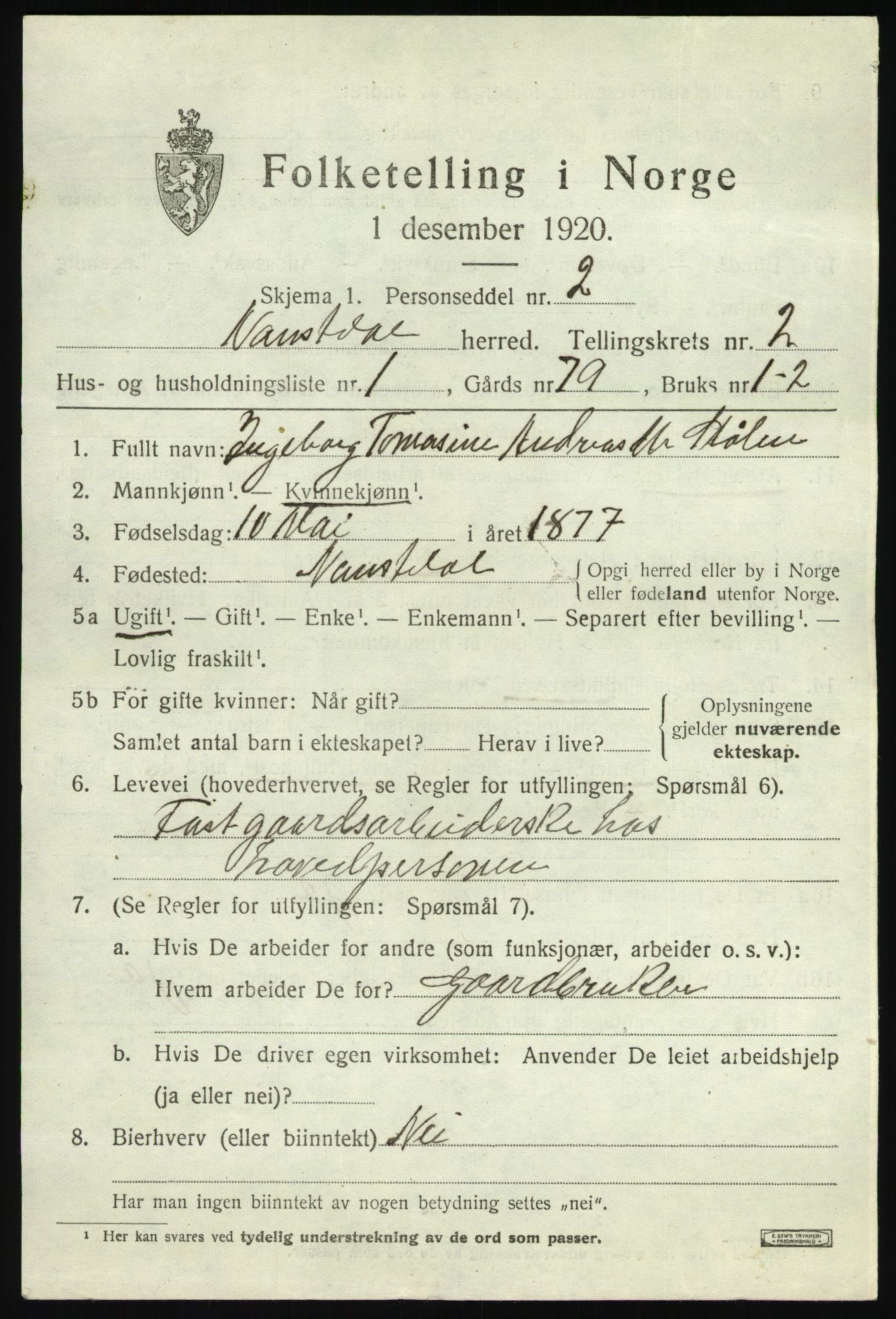 SAB, 1920 census for Naustdal, 1920, p. 1273