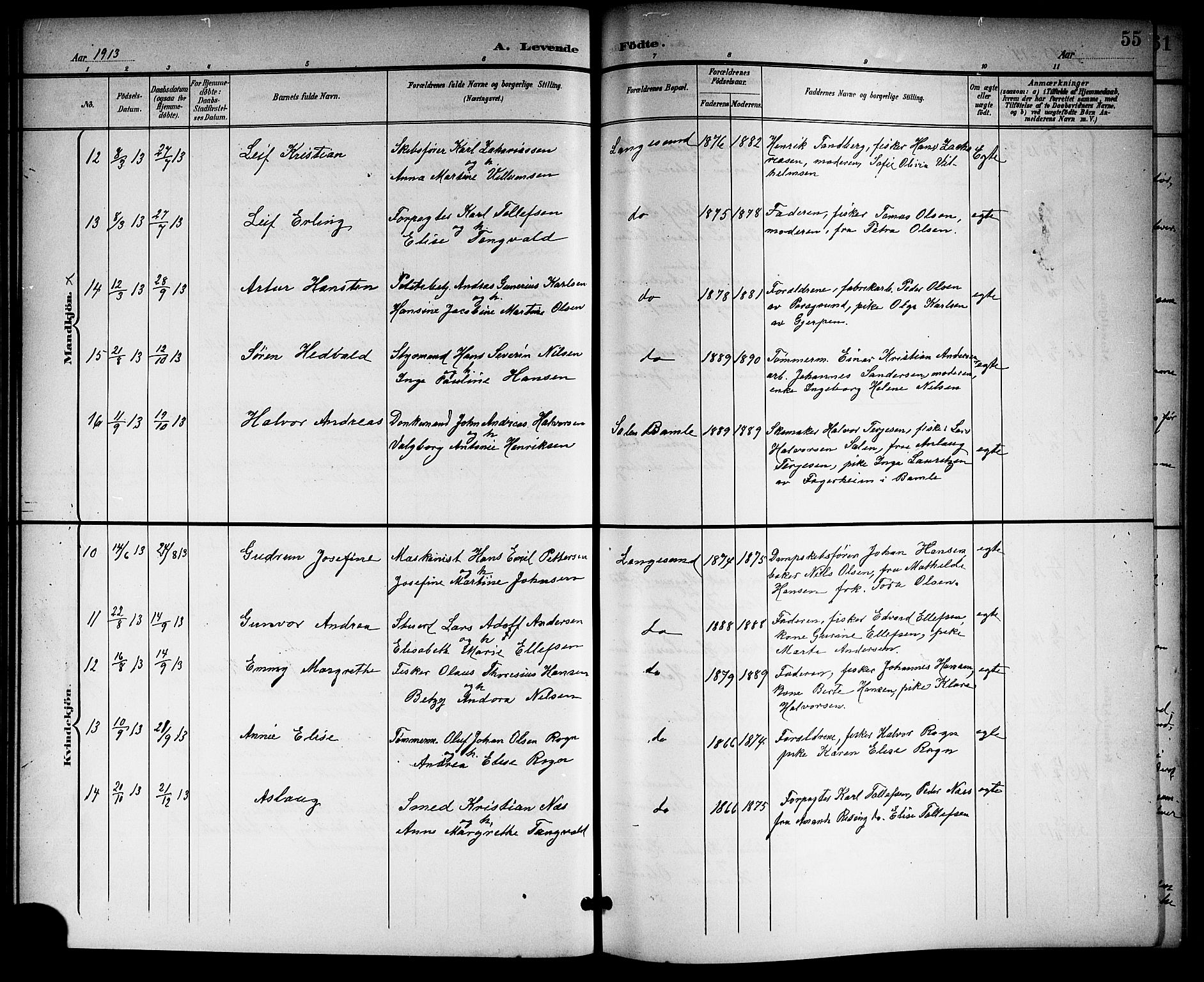 Langesund kirkebøker, SAKO/A-280/G/Ga/L0006: Parish register (copy) no. 6, 1899-1918, p. 55