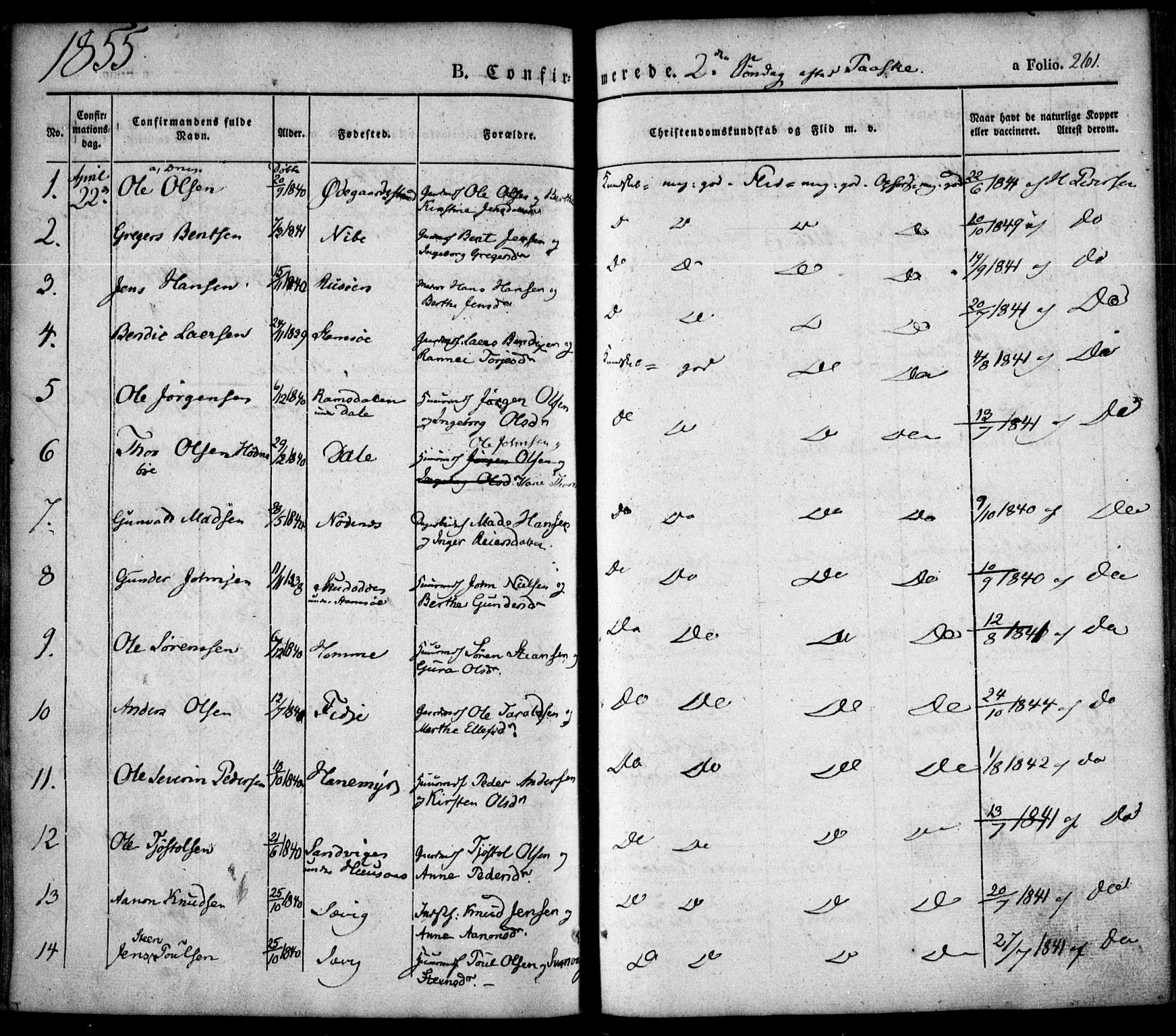 Søndeled sokneprestkontor, SAK/1111-0038/F/Fa/L0002: Parish register (official) no. A 2, 1839-1860, p. 261