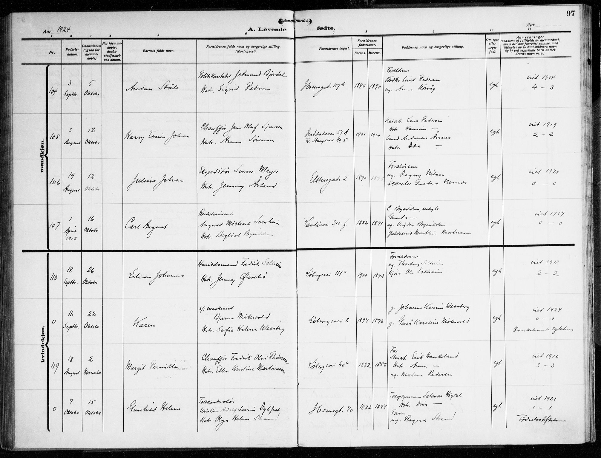 Årstad Sokneprestembete, AV/SAB-A-79301/H/Haa/L0005: Parish register (official) no. A 5, 1923-1925, p. 97