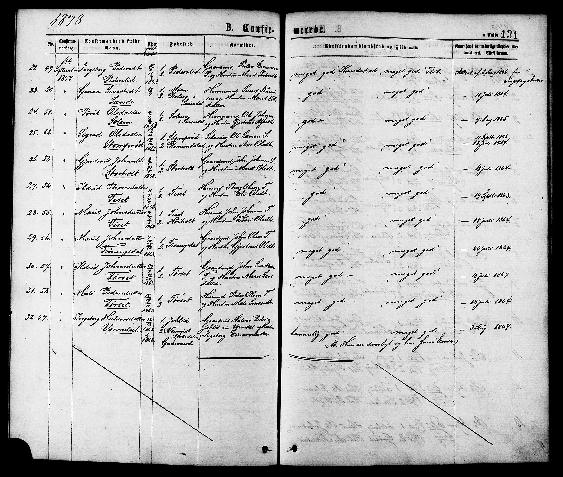 Ministerialprotokoller, klokkerbøker og fødselsregistre - Møre og Romsdal, AV/SAT-A-1454/598/L1068: Parish register (official) no. 598A02, 1872-1881, p. 131