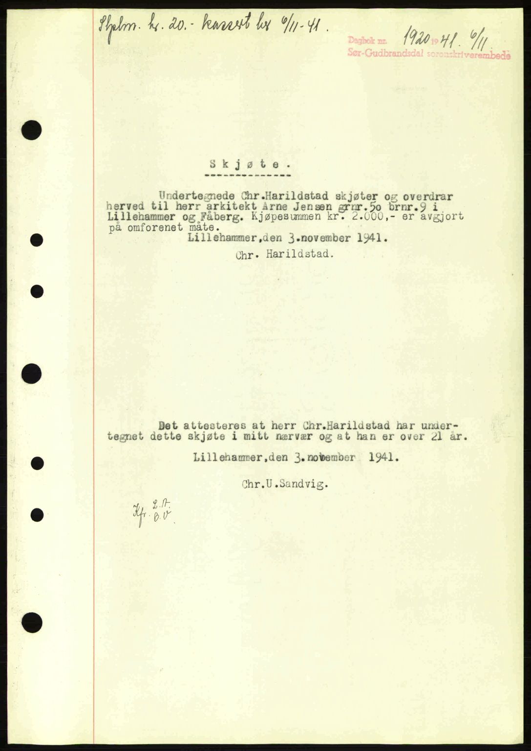 Sør-Gudbrandsdal tingrett, SAH/TING-004/H/Hb/Hbd/L0009: Mortgage book no. A9, 1941-1941, Diary no: : 1920/1941