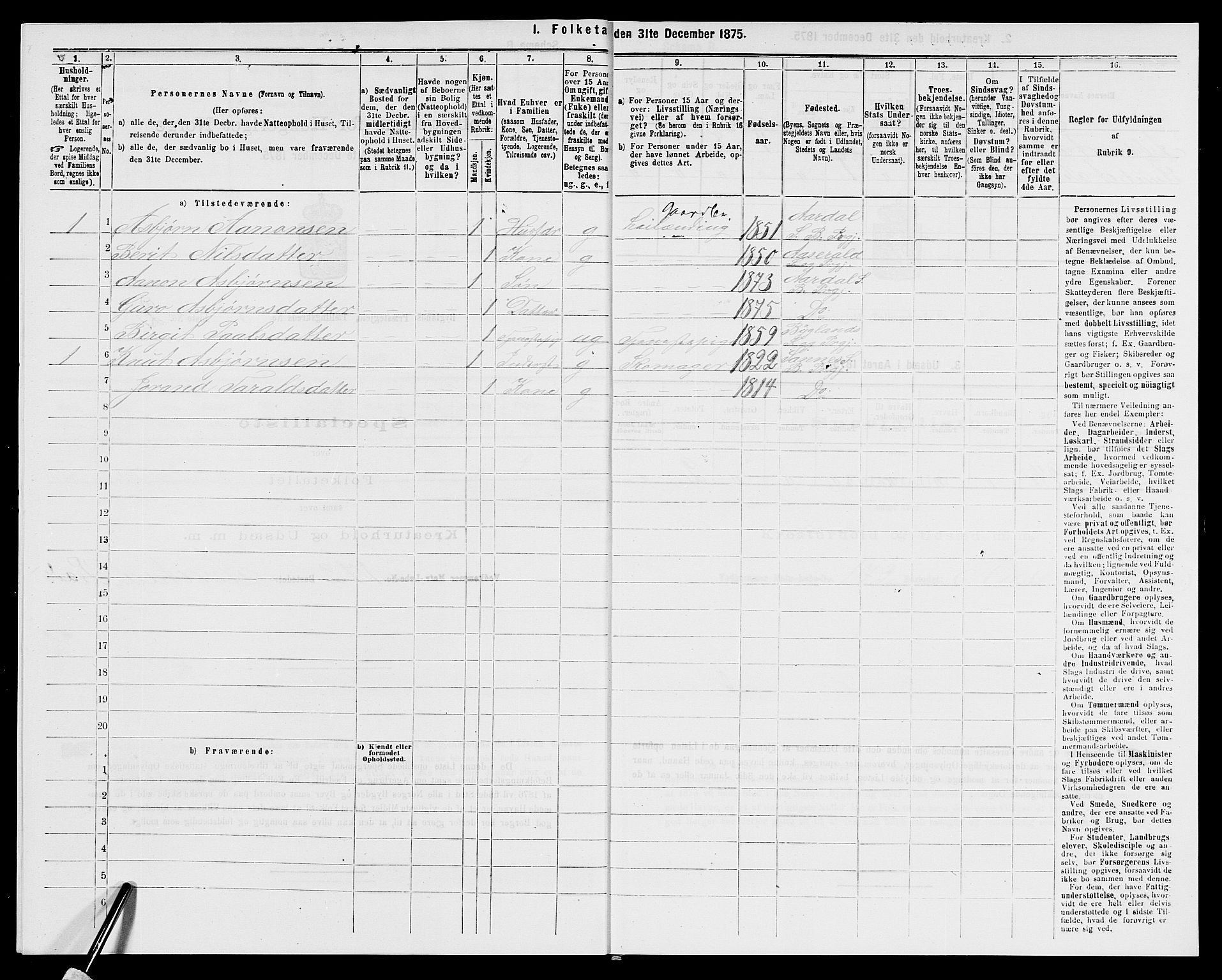 SAK, 1875 census for 0938P Bygland, 1875, p. 693