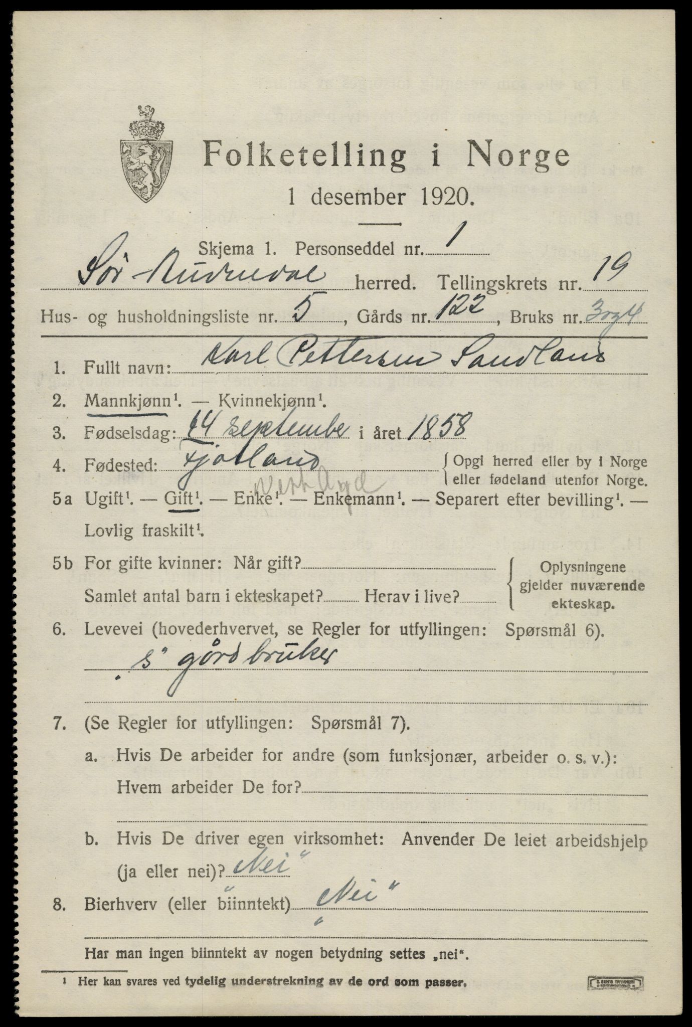 SAK, 1920 census for Sør-Audnedal, 1920, p. 6627