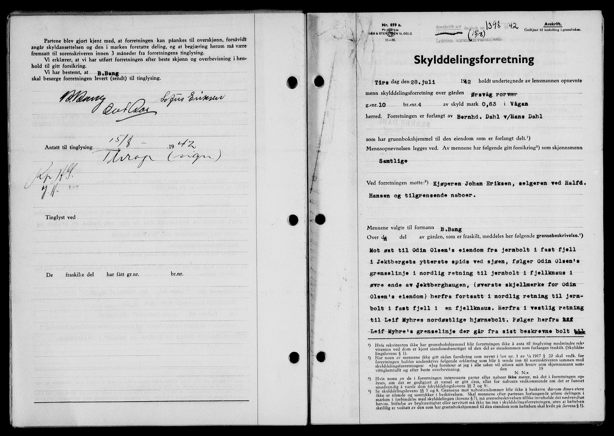 Lofoten sorenskriveri, SAT/A-0017/1/2/2C/L0010a: Mortgage book no. 10a, 1942-1943, Diary no: : 1398/1942