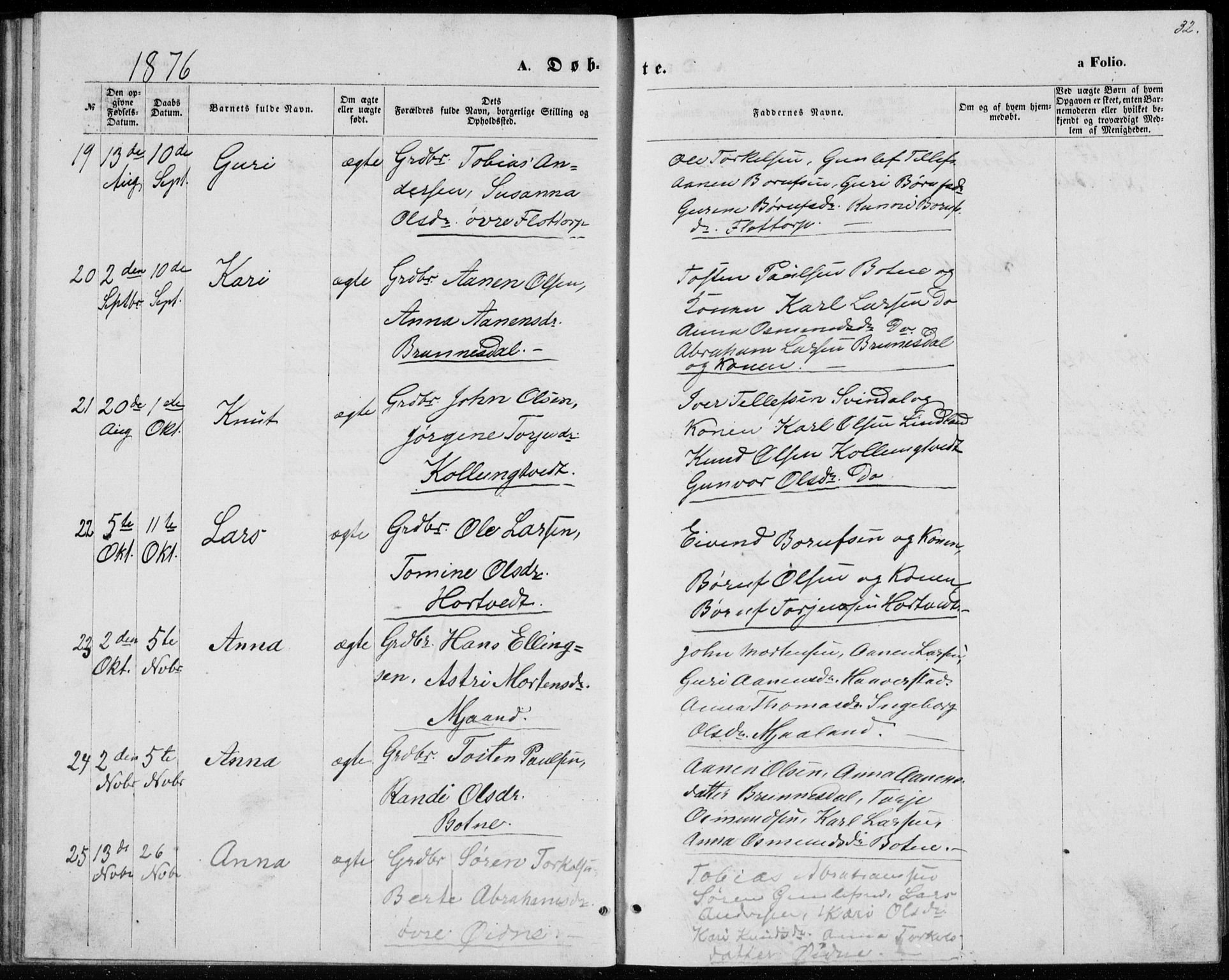 Bjelland sokneprestkontor, SAK/1111-0005/F/Fb/Fbc/L0002: Parish register (copy) no. B 2, 1867-1887, p. 32