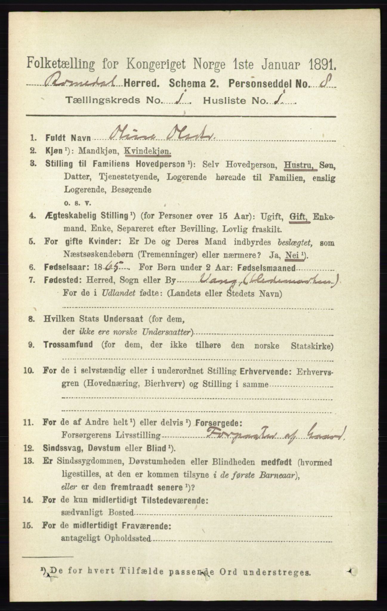 RA, 1891 census for 0416 Romedal, 1891, p. 126