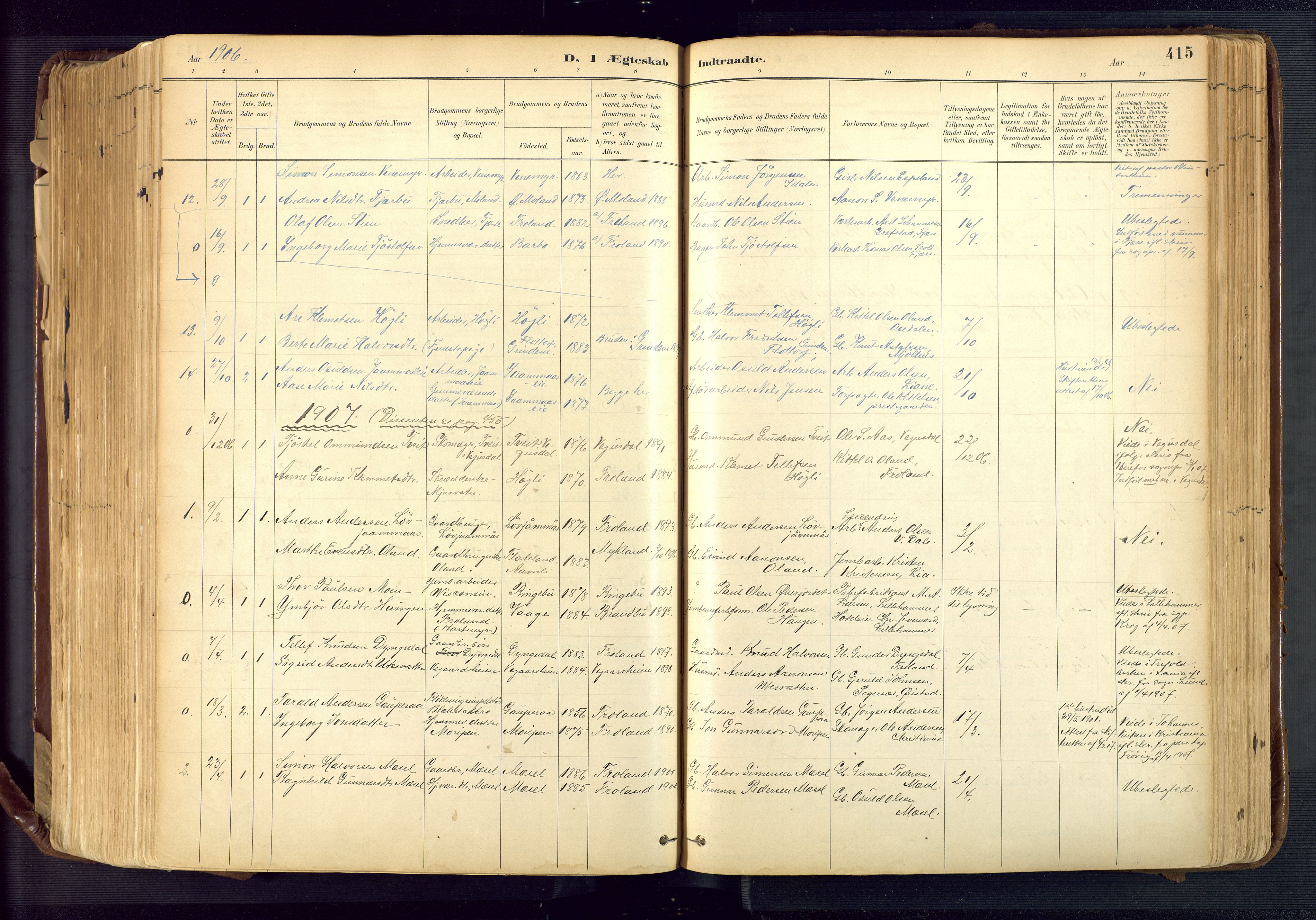 Froland sokneprestkontor, AV/SAK-1111-0013/F/Fa/L0005: Parish register (official) no. A 5, 1882-1921, p. 415