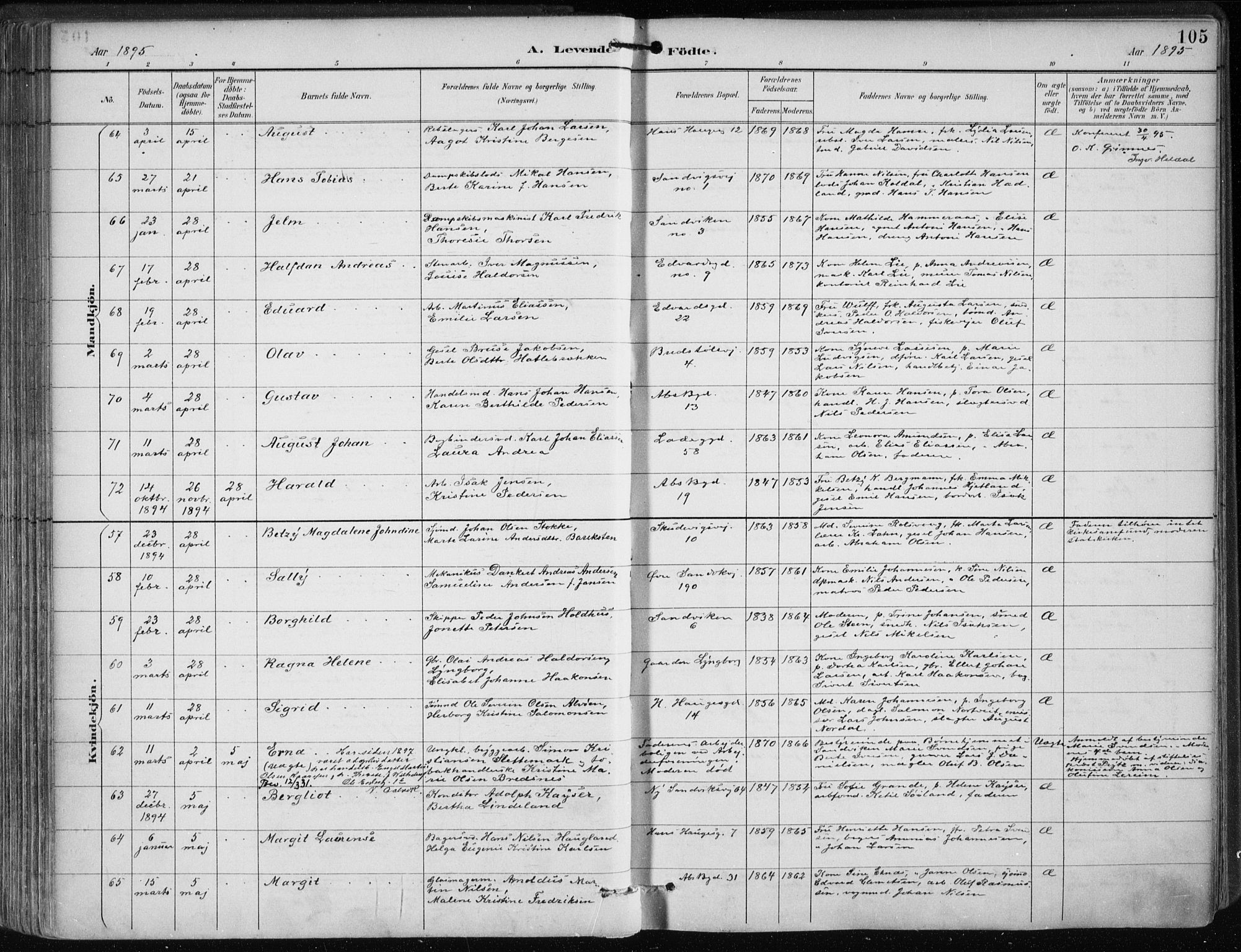 Sandviken Sokneprestembete, SAB/A-77601/H/Ha/L0005: Parish register (official) no. B 2, 1891-1901, p. 105