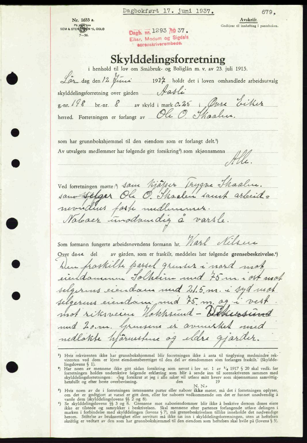 Eiker, Modum og Sigdal sorenskriveri, SAKO/A-123/G/Ga/Gab/L0035: Mortgage book no. A5, 1937-1937, Diary no: : 1293/1937