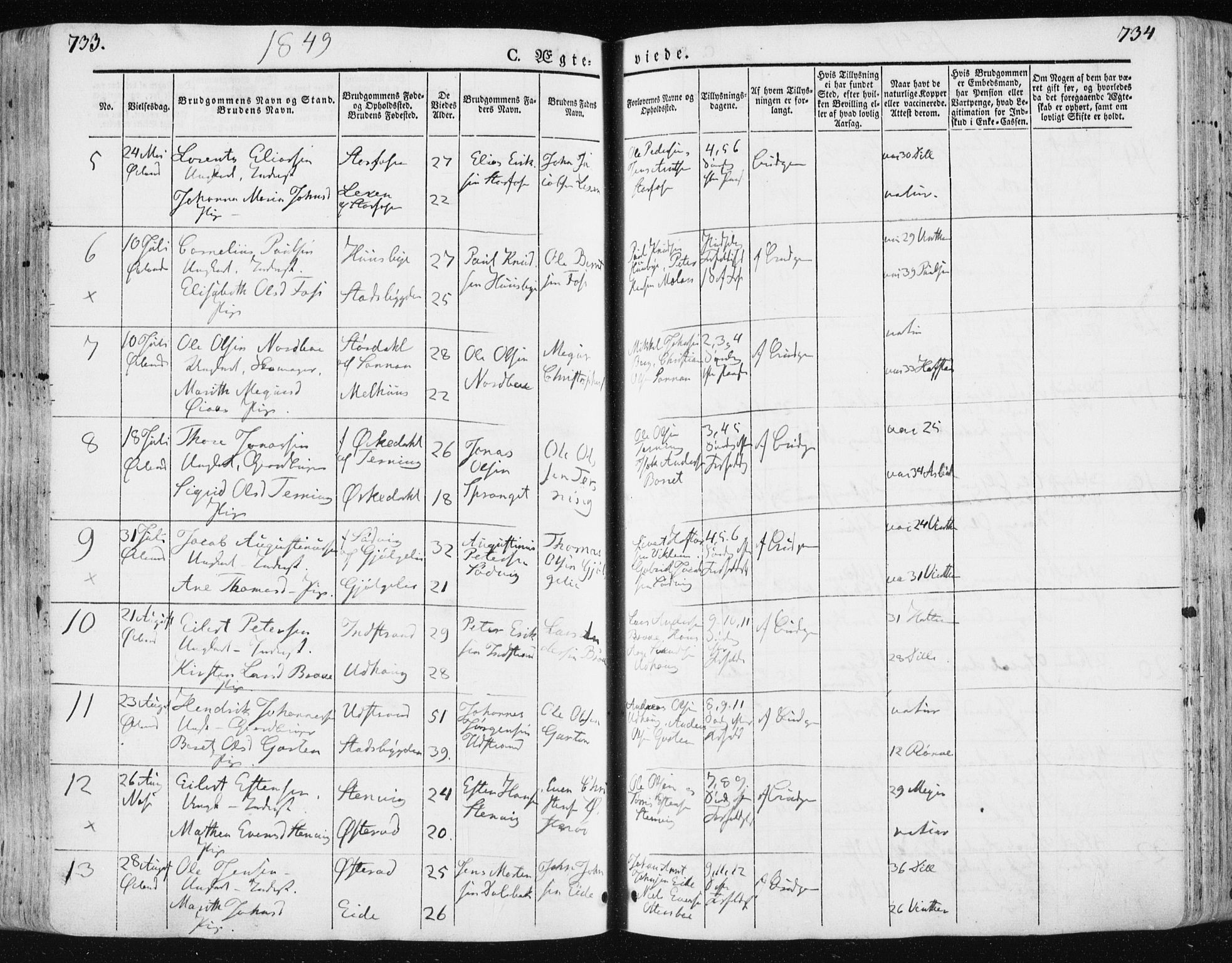 Ministerialprotokoller, klokkerbøker og fødselsregistre - Sør-Trøndelag, SAT/A-1456/659/L0736: Parish register (official) no. 659A06, 1842-1856, p. 733-734
