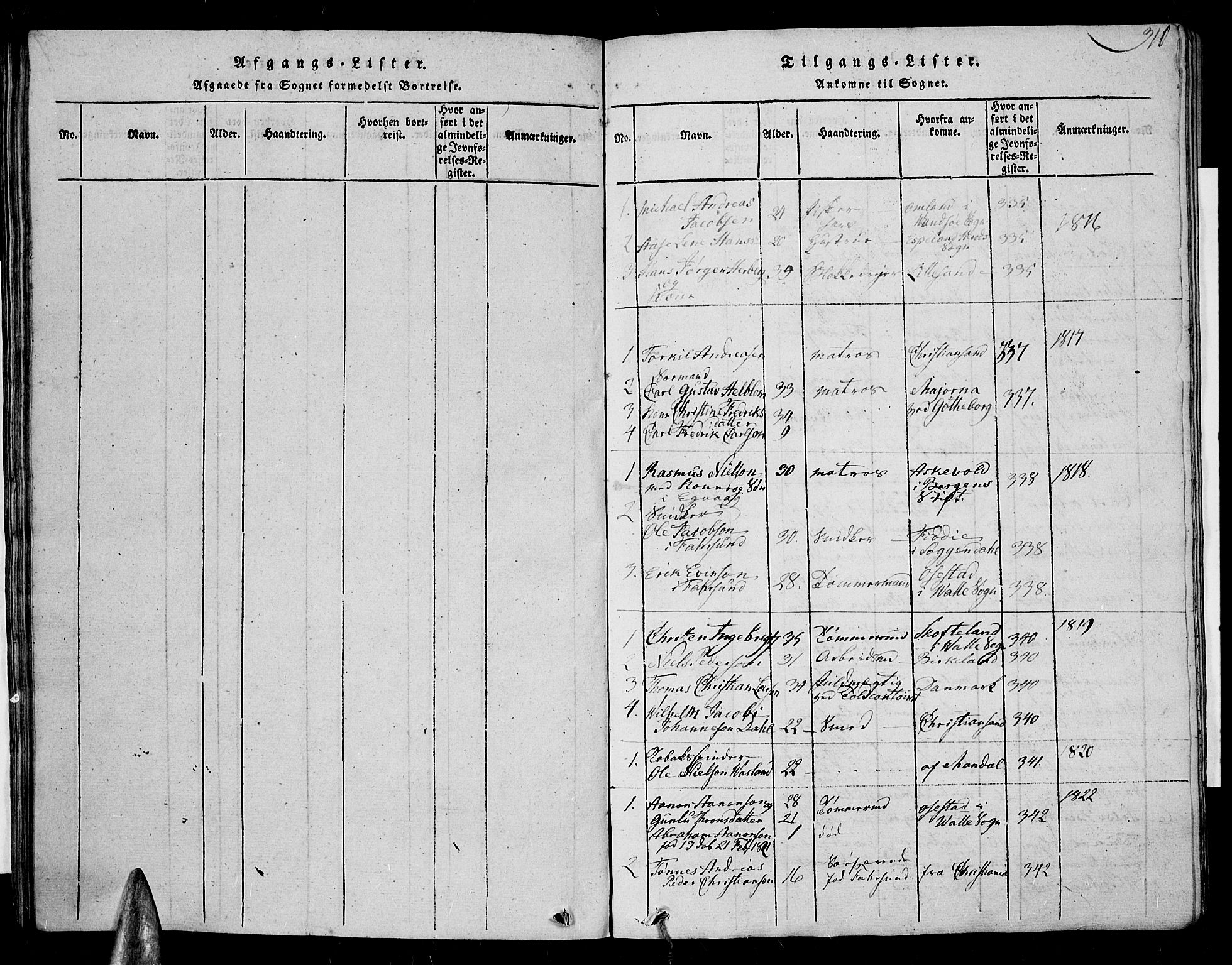 Farsund sokneprestkontor, AV/SAK-1111-0009/F/Fa/L0002: Parish register (official) no. A 2, 1815-1836, p. 310