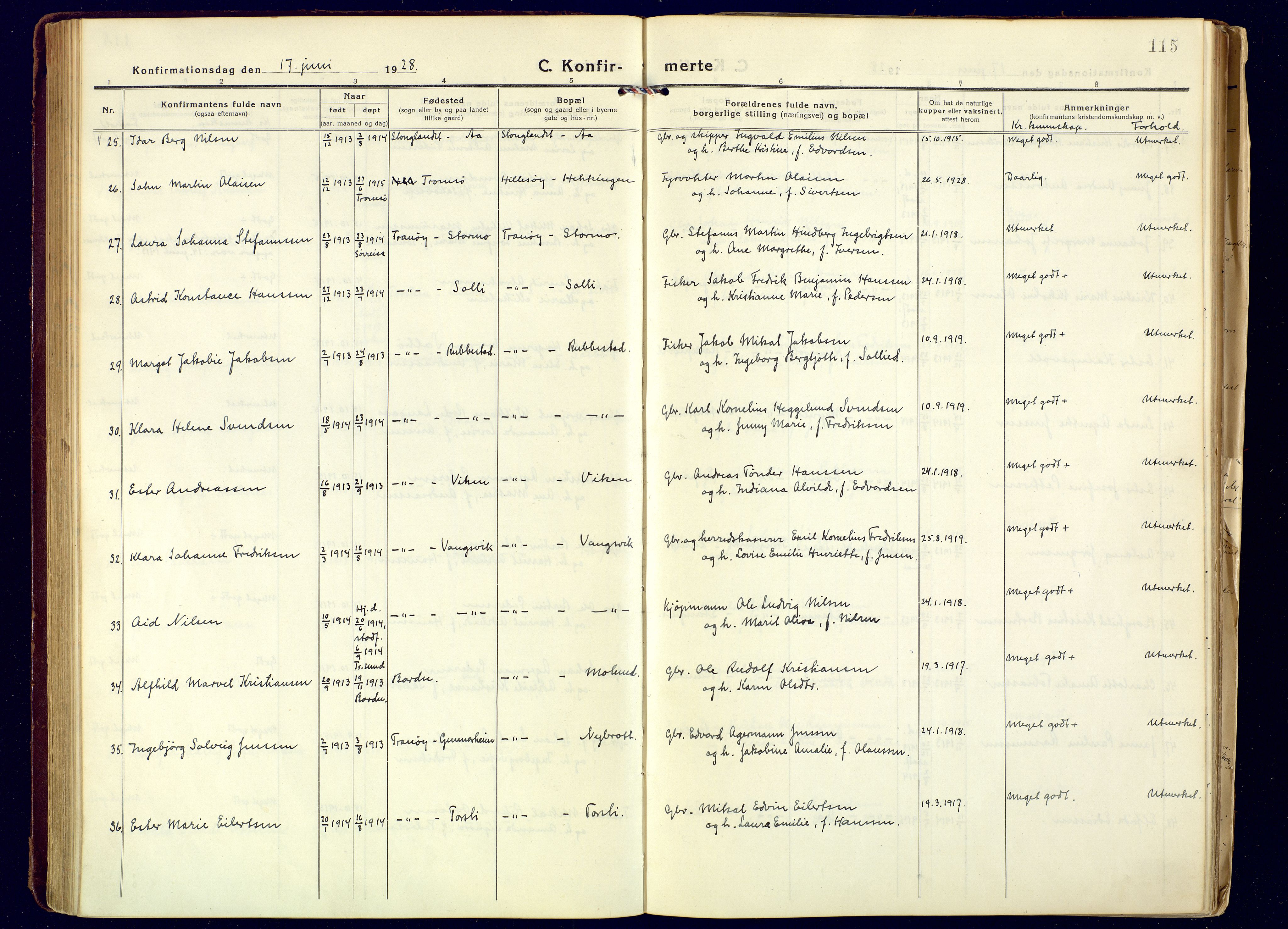 Tranøy sokneprestkontor, AV/SATØ-S-1313/I/Ia/Iaa/L0016kirke: Parish register (official) no. 16, 1919-1932, p. 115