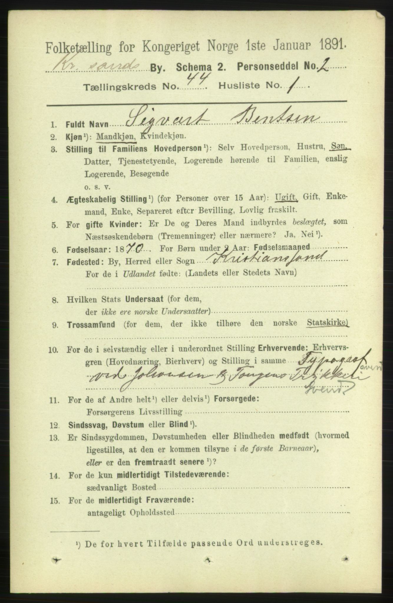 RA, 1891 census for 1001 Kristiansand, 1891, p. 13314