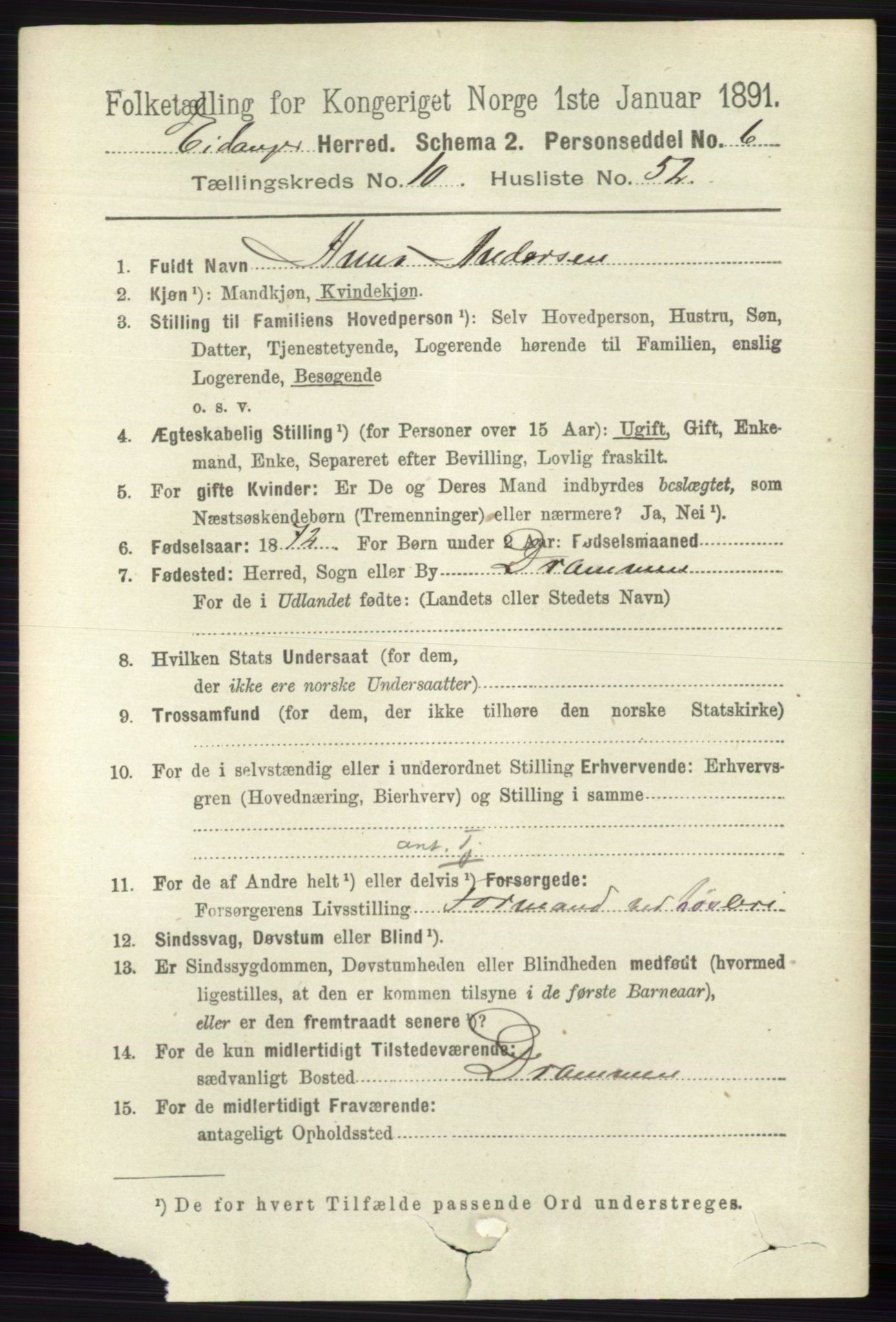 RA, 1891 census for 0813 Eidanger, 1891, p. 4198