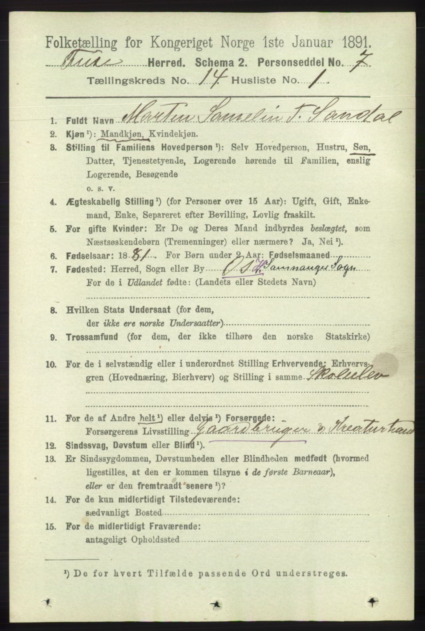 RA, 1891 census for 1241 Fusa, 1891, p. 3181