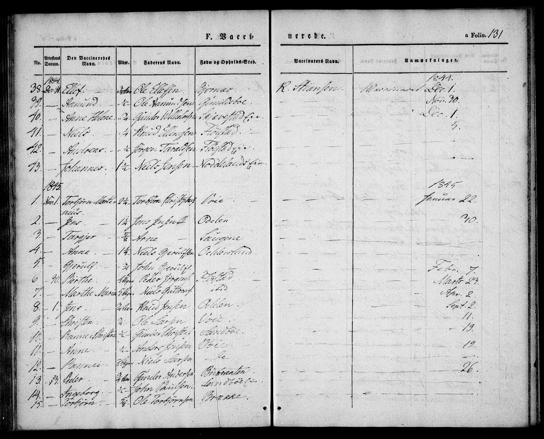 Austre Moland sokneprestkontor, SAK/1111-0001/F/Fa/Faa/L0006: Parish register (official) no. A 6, 1837-1846, p. 131