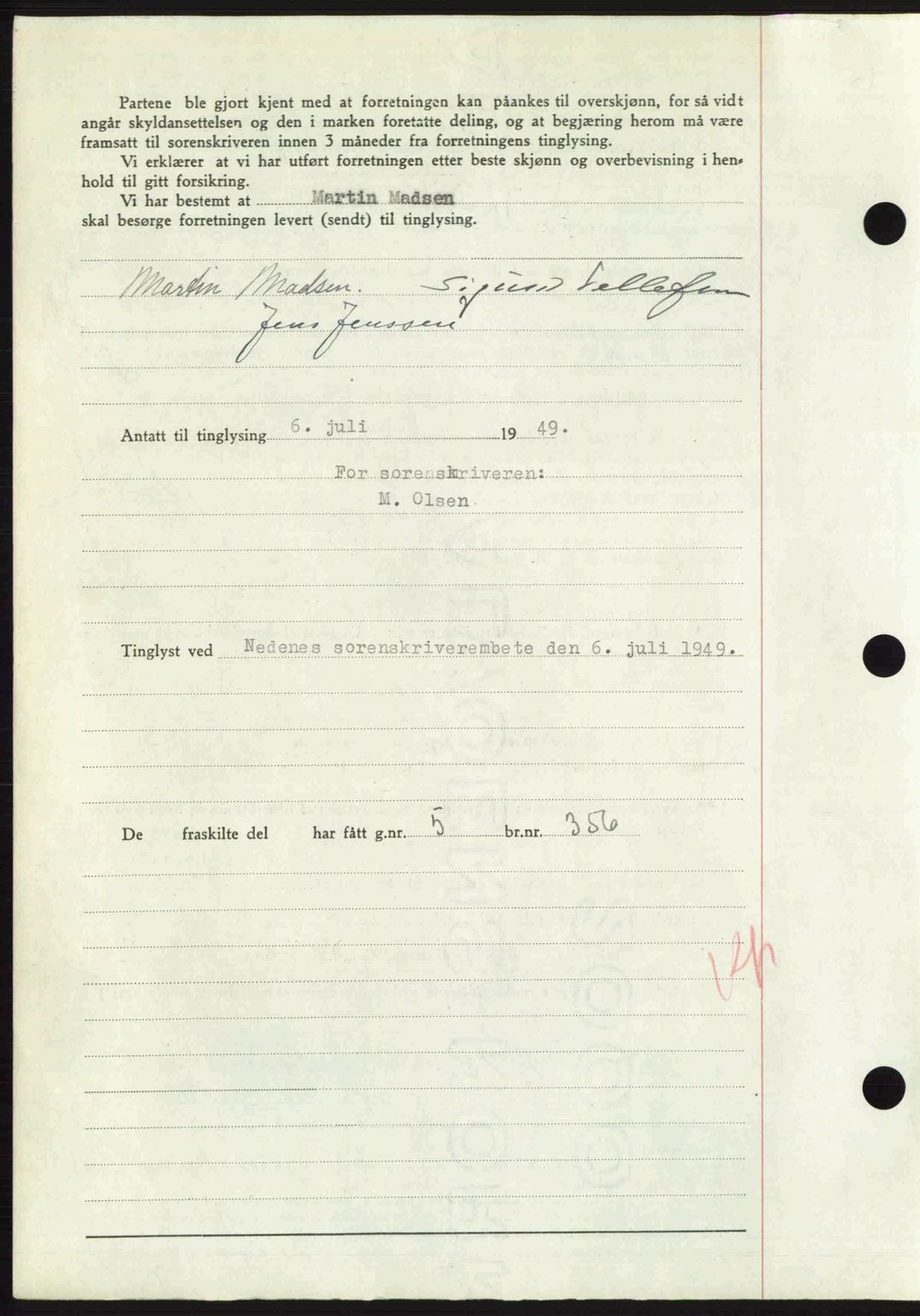 Nedenes sorenskriveri, AV/SAK-1221-0006/G/Gb/Gba/L0061: Mortgage book no. A13, 1949-1949, Diary no: : 1036/1949