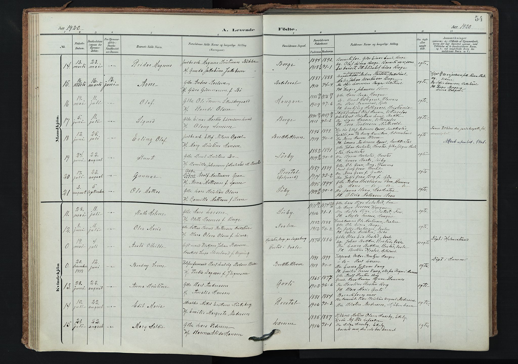 Våle kirkebøker, AV/SAKO-A-334/F/Fa/L0012: Parish register (official) no. I 12, 1907-1934, p. 54