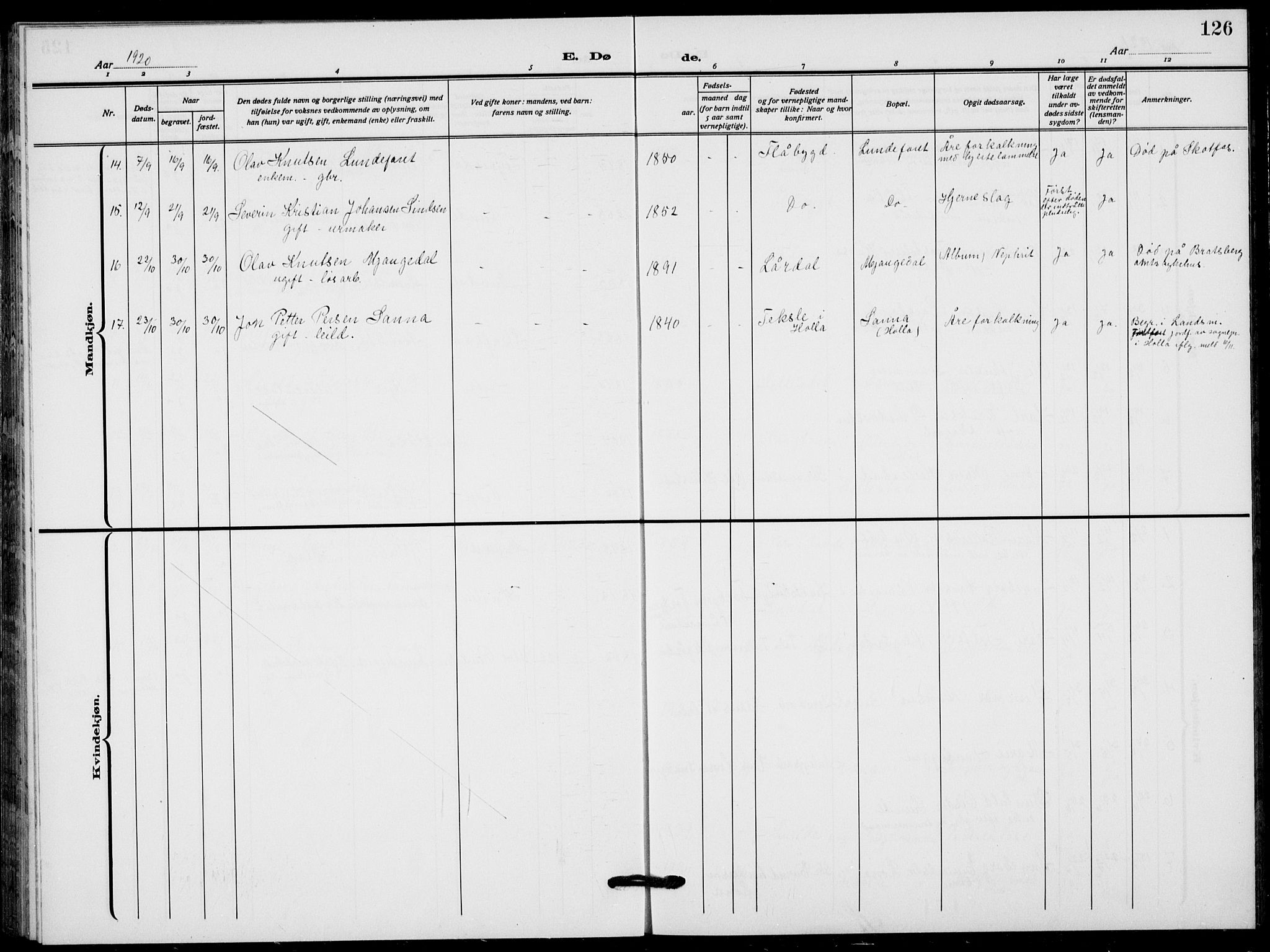 Lunde kirkebøker, SAKO/A-282/F/Fa/L0005: Parish register (official) no. I 5, 1914-1922, p. 126