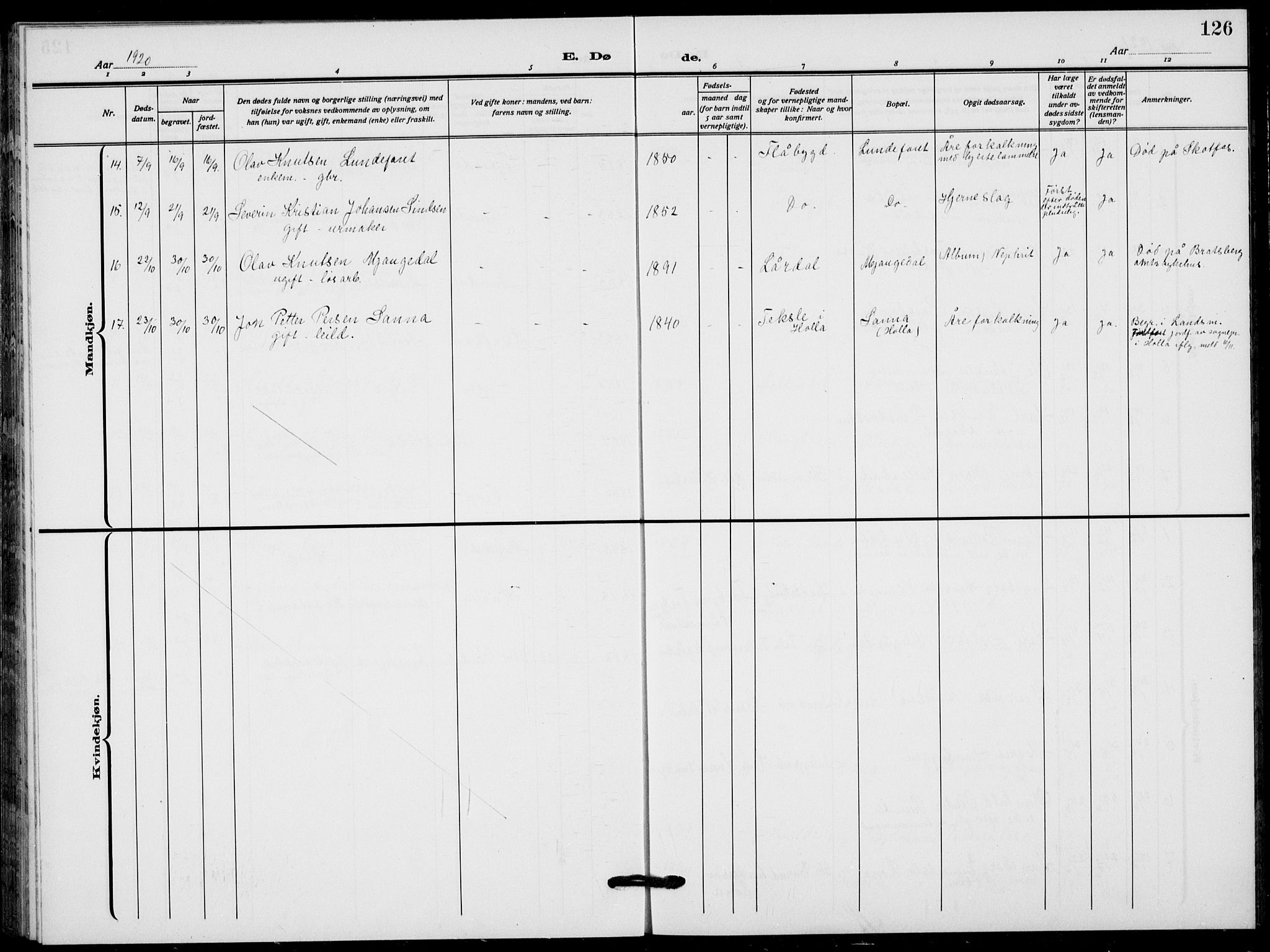 Lunde kirkebøker, AV/SAKO-A-282/F/Fa/L0005: Parish register (official) no. I 5, 1914-1922, p. 126