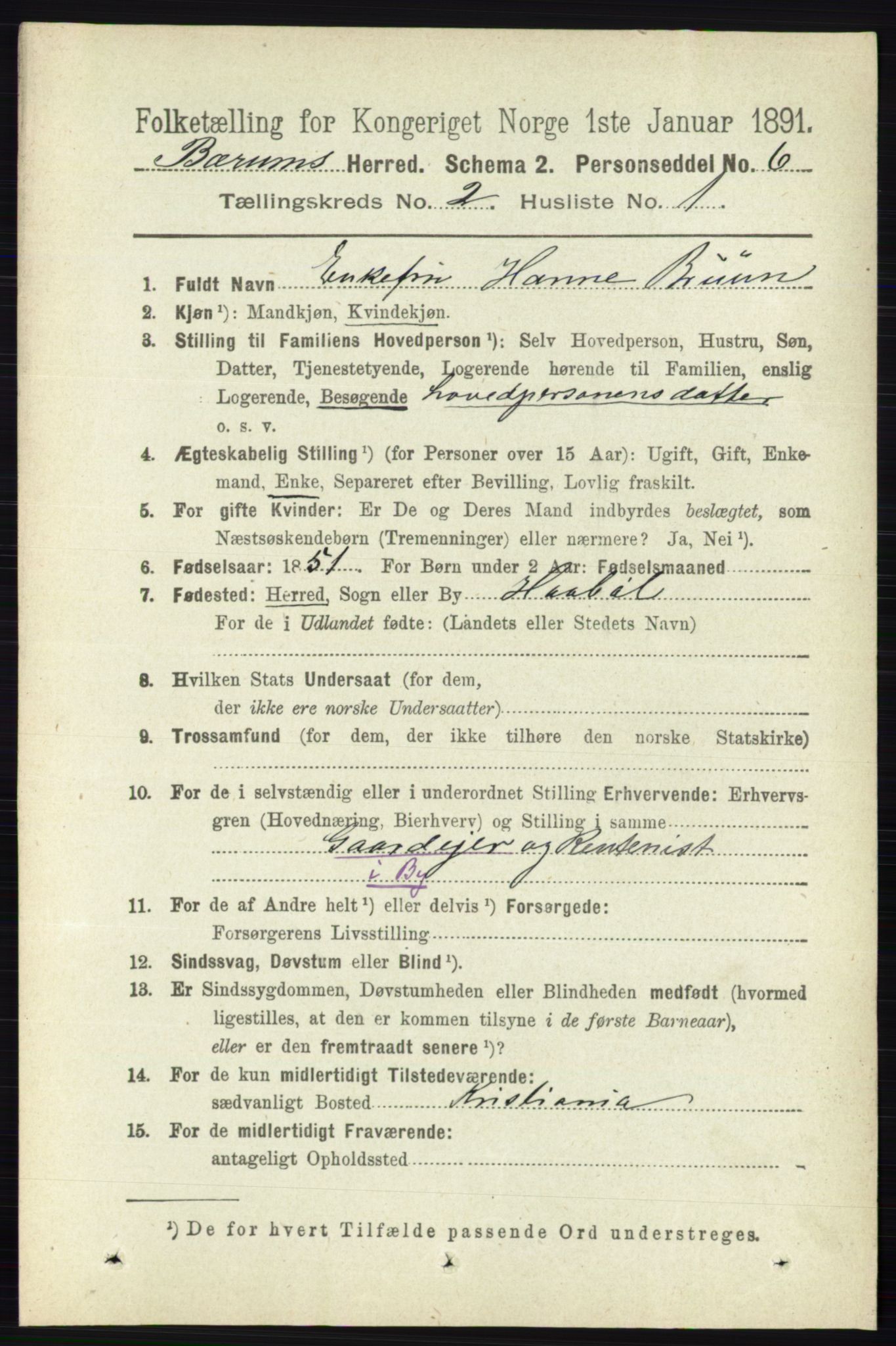 RA, 1891 census for 0219 Bærum, 1891, p. 1078